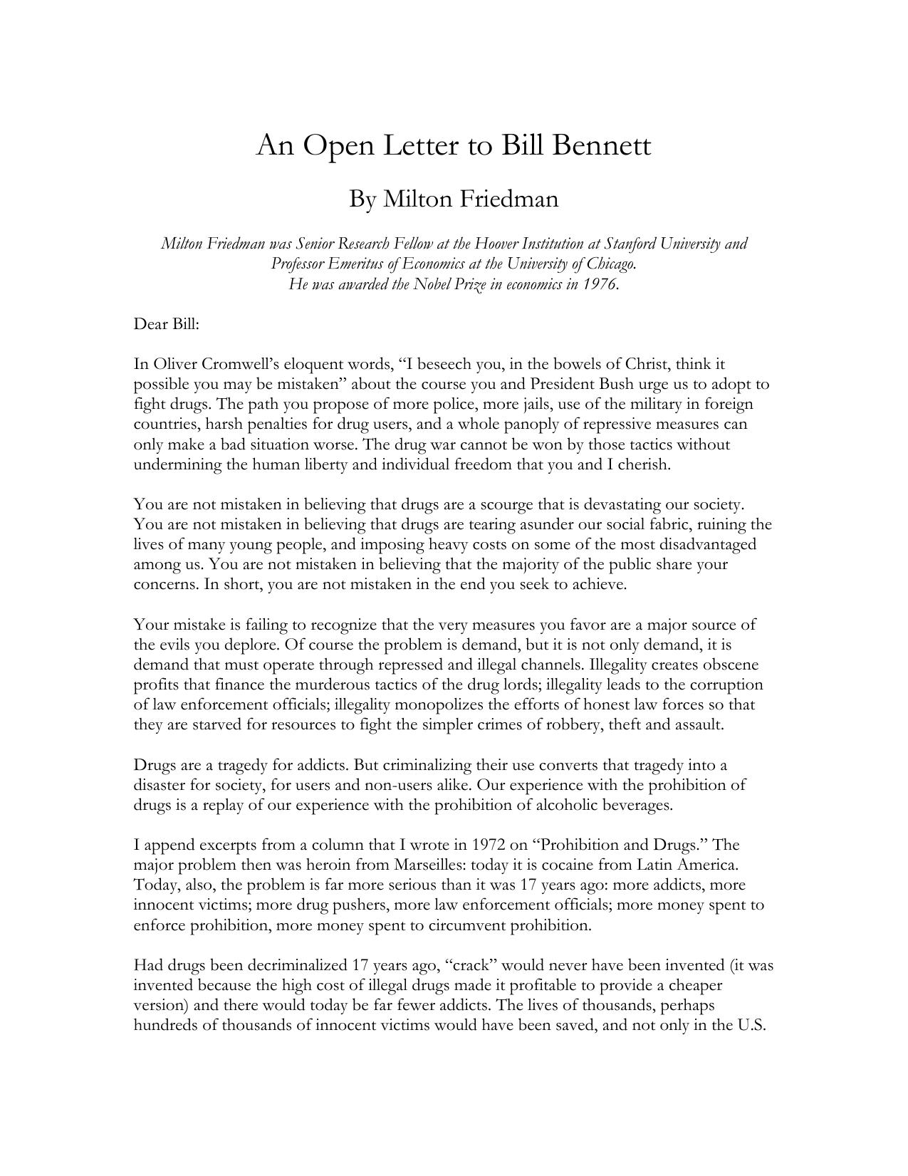 An Open Letter to Bill Bennett