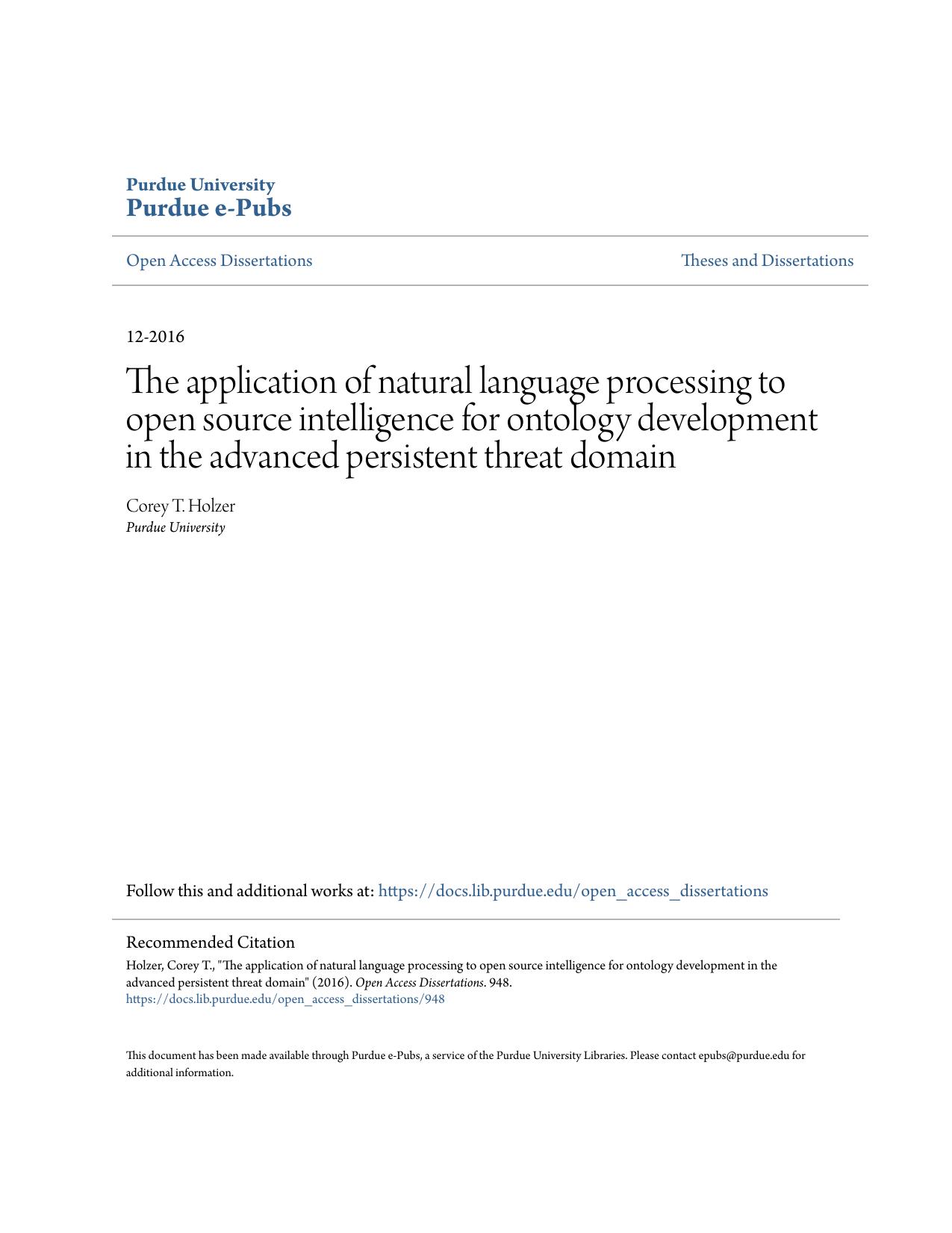 The application of natural language processing to open source intelligence for ontology development in the advanced persistent threat domain - Dissertation