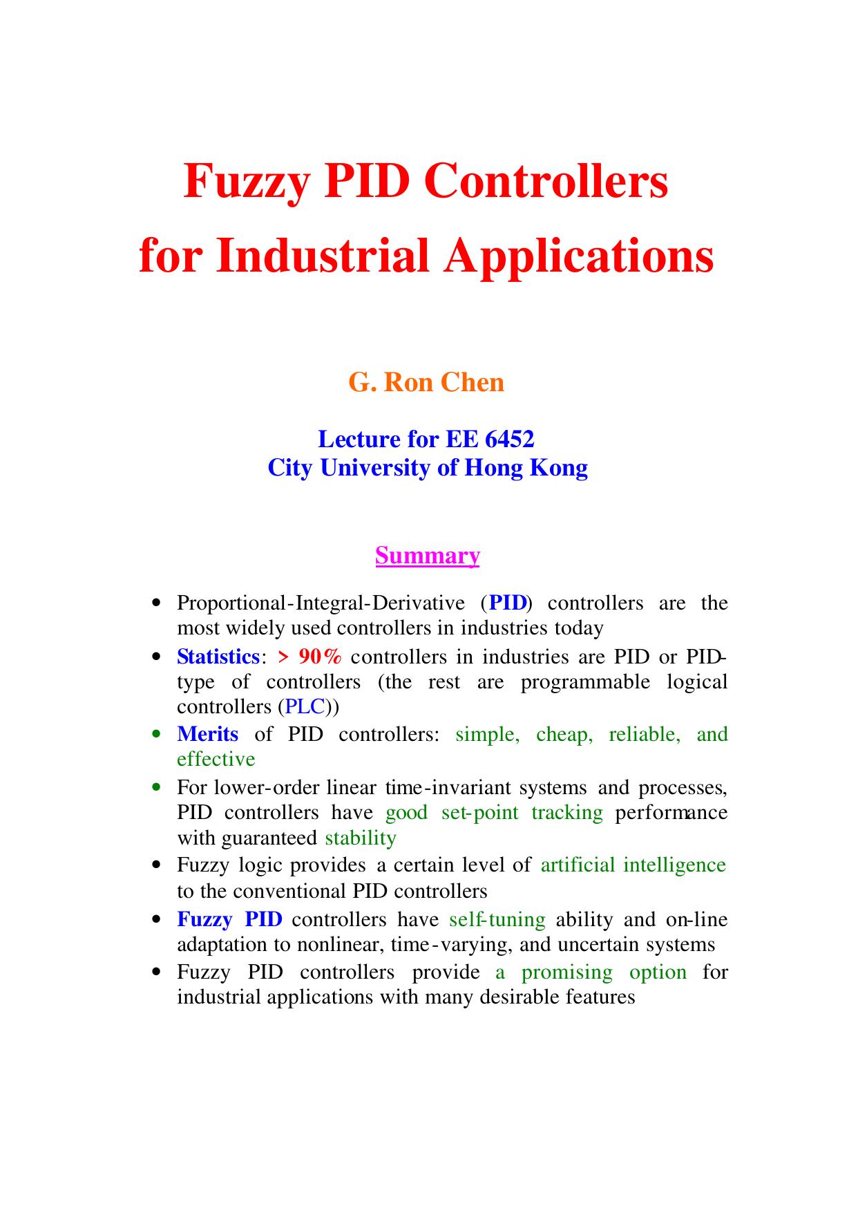 Fuzzy PID Controllers for Industrial Applications - Lecture
