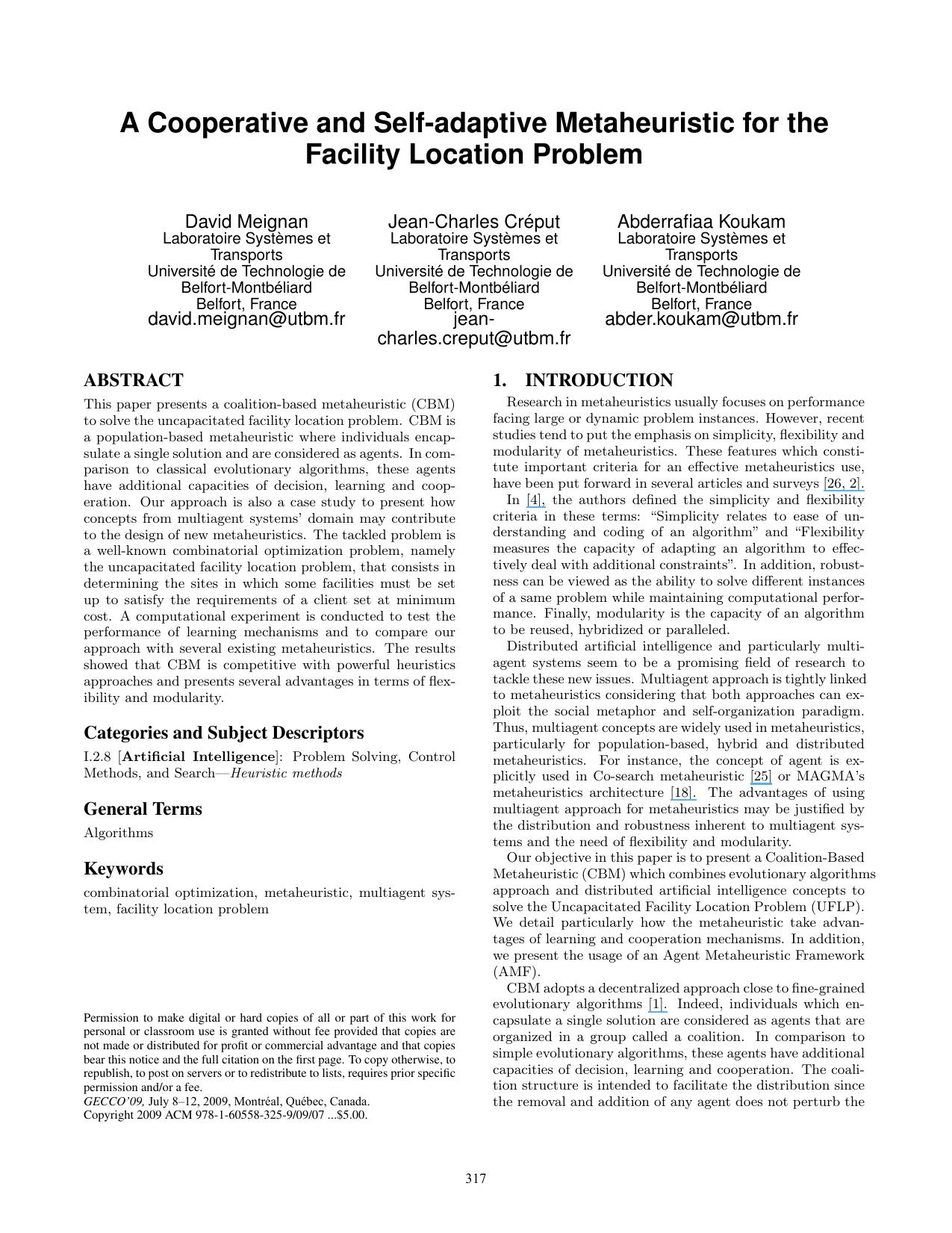 A Cooperative and Self-adaptive Metaheuristic for the Facility Location Problem - Paper