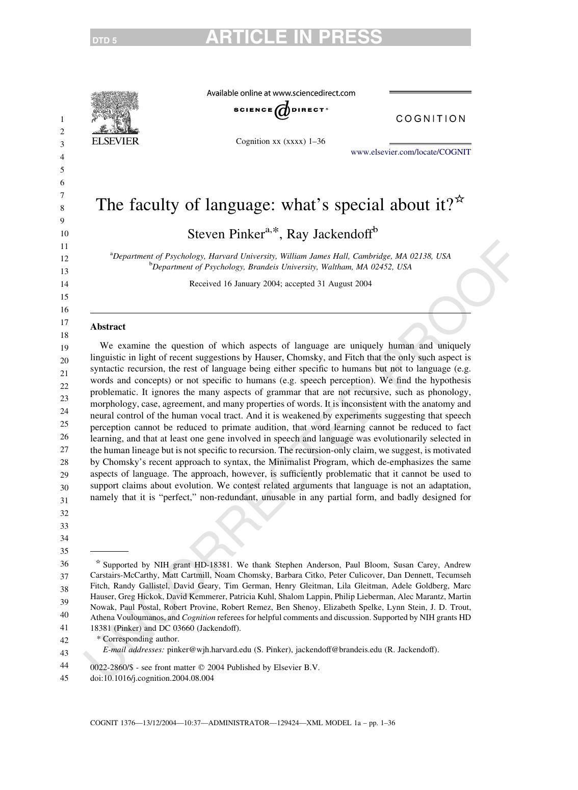 The faculty of language: what's special about it?