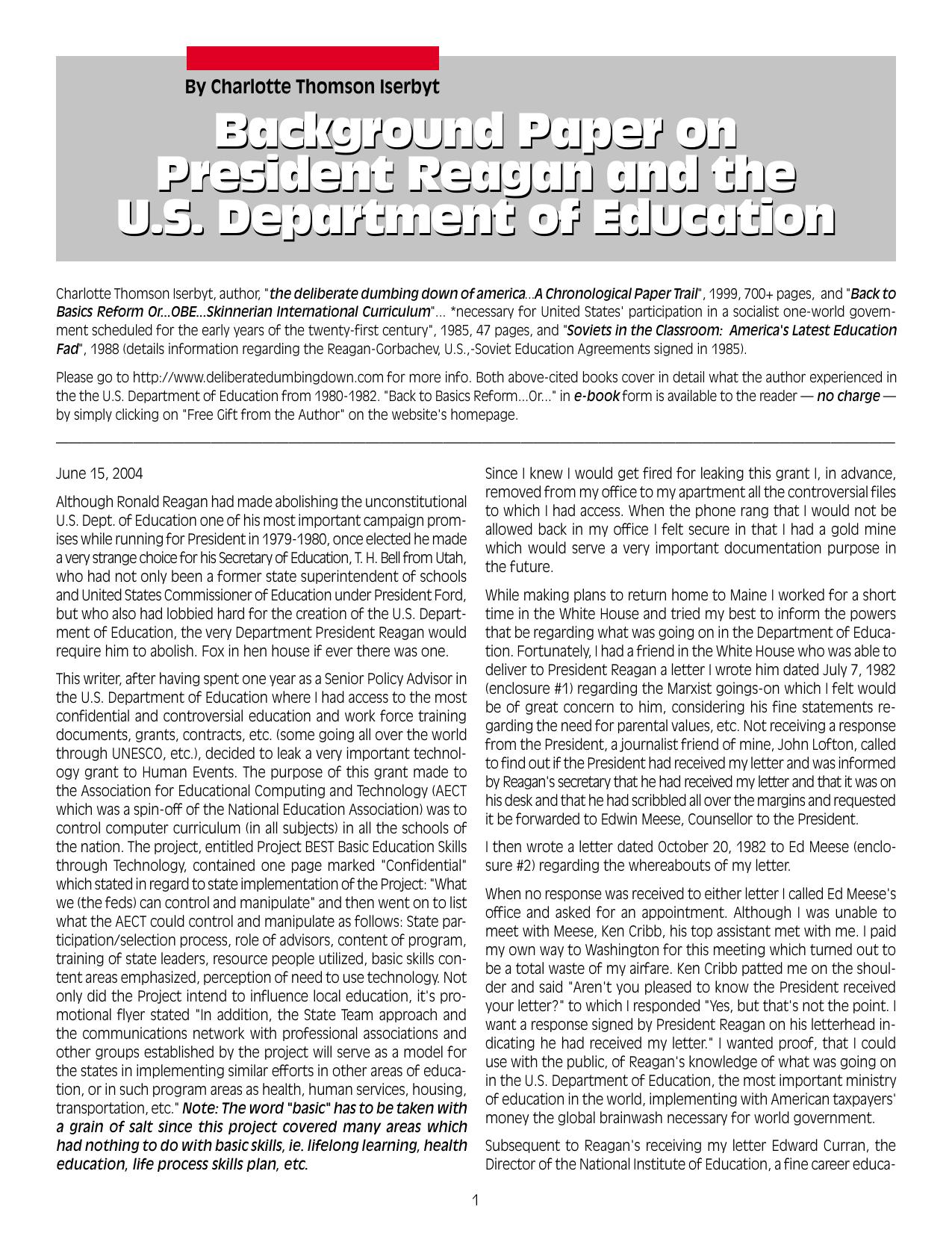 Background Paper on President Reagan and the U.S. Department of Education