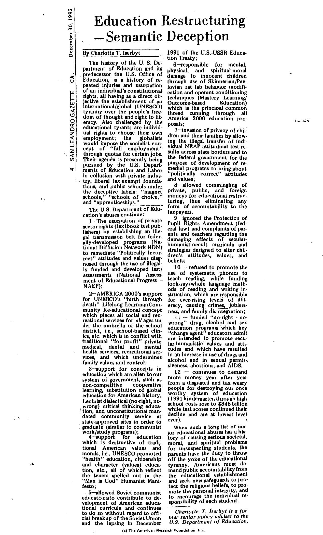 Education Restructuring - Semantic Deception - Iserbyt - San Leandro Gazette - 1992 - 2pgs