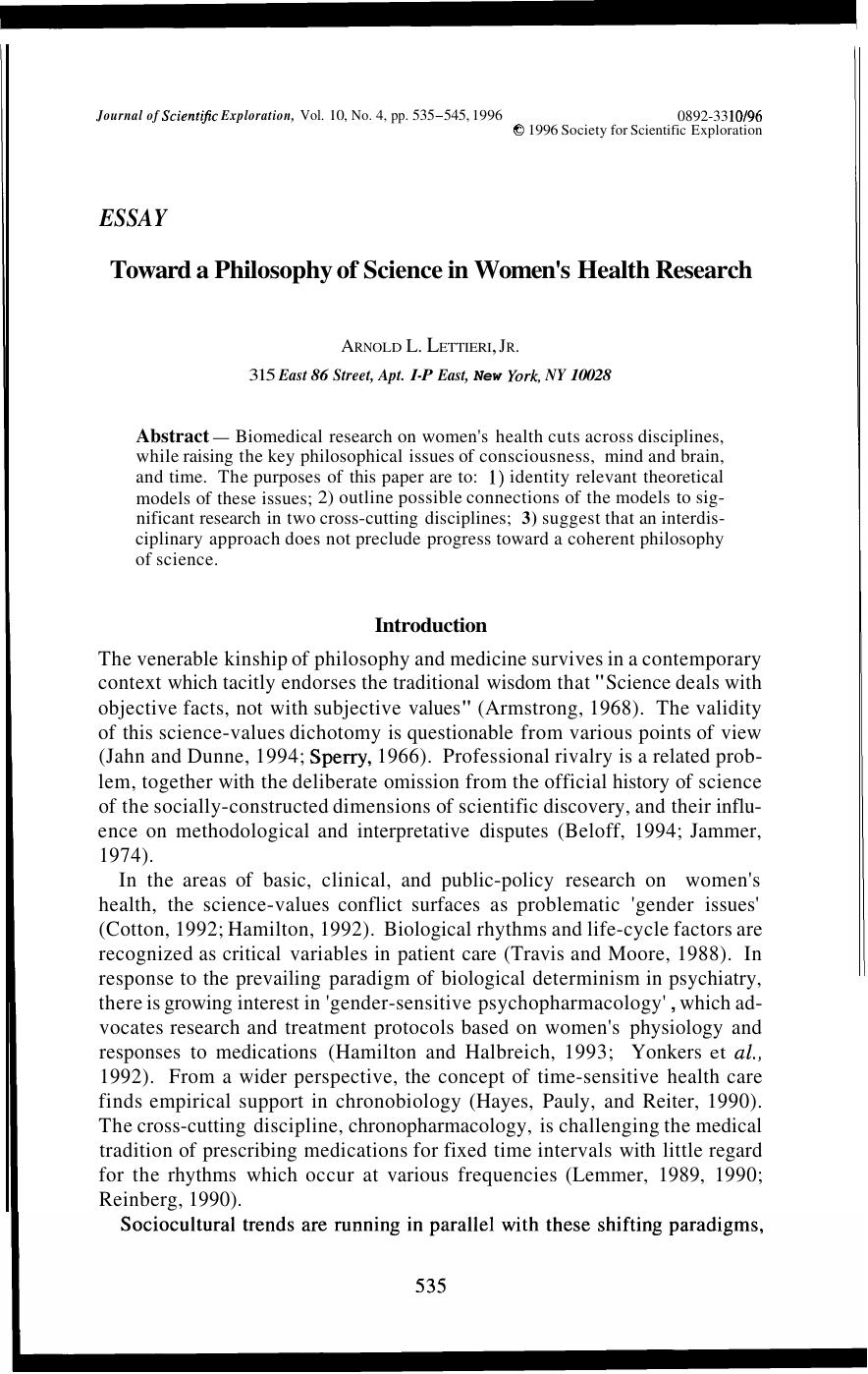 Toward a Philosophy of Science in Women's Health Research - Essay