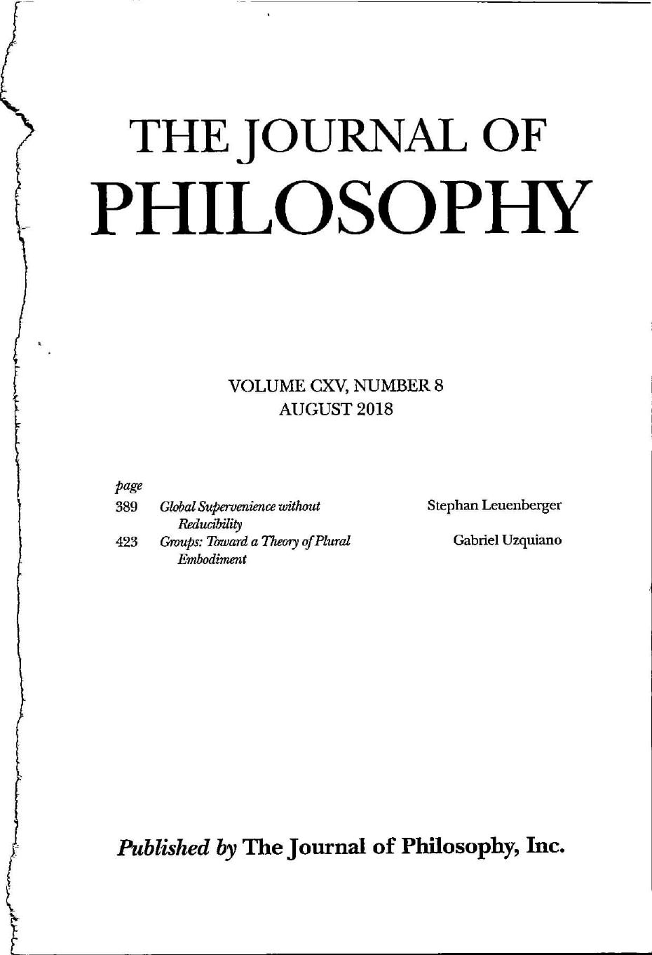 The Journal of Philosophy - Volume CXV, Number 8 - August 2018