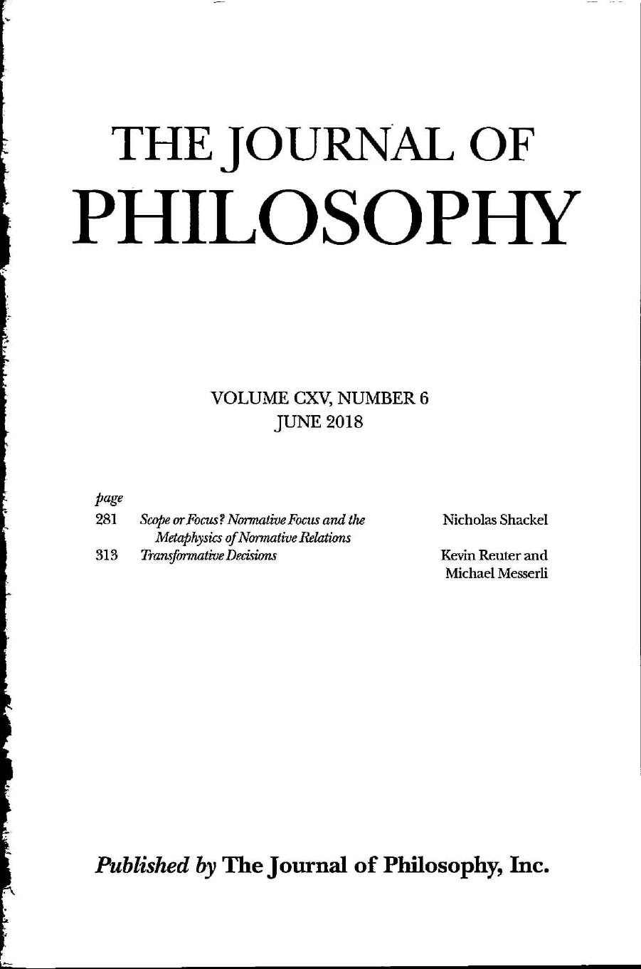 The Journal of Philosophy - Volume CXV, Number 6 - June 2018
