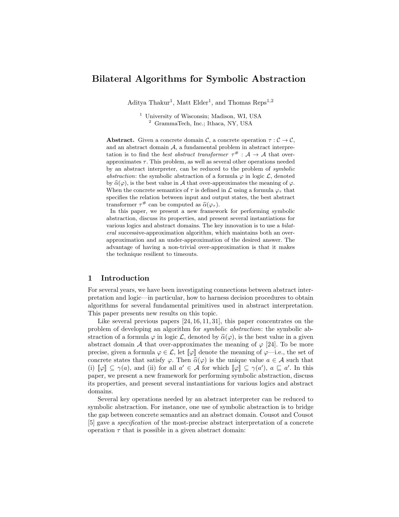 Bilateral Algorithms for Symbolic Abstraction - Paper