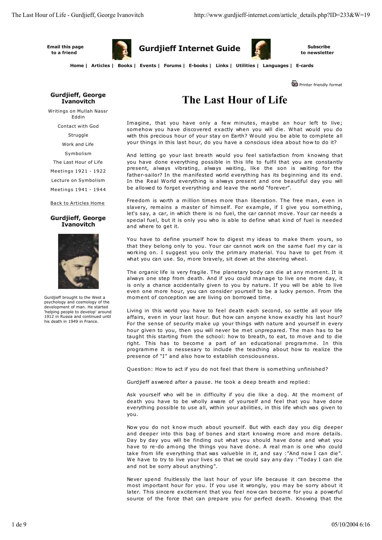 The Last Hour of Life - Gurdjieff, George Ivanovitch