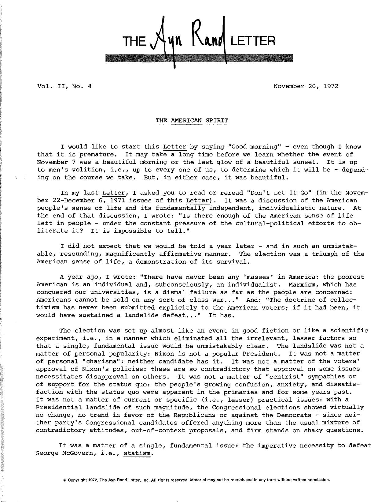 The Ayn Rand Letter (November 1972 to April 1973)