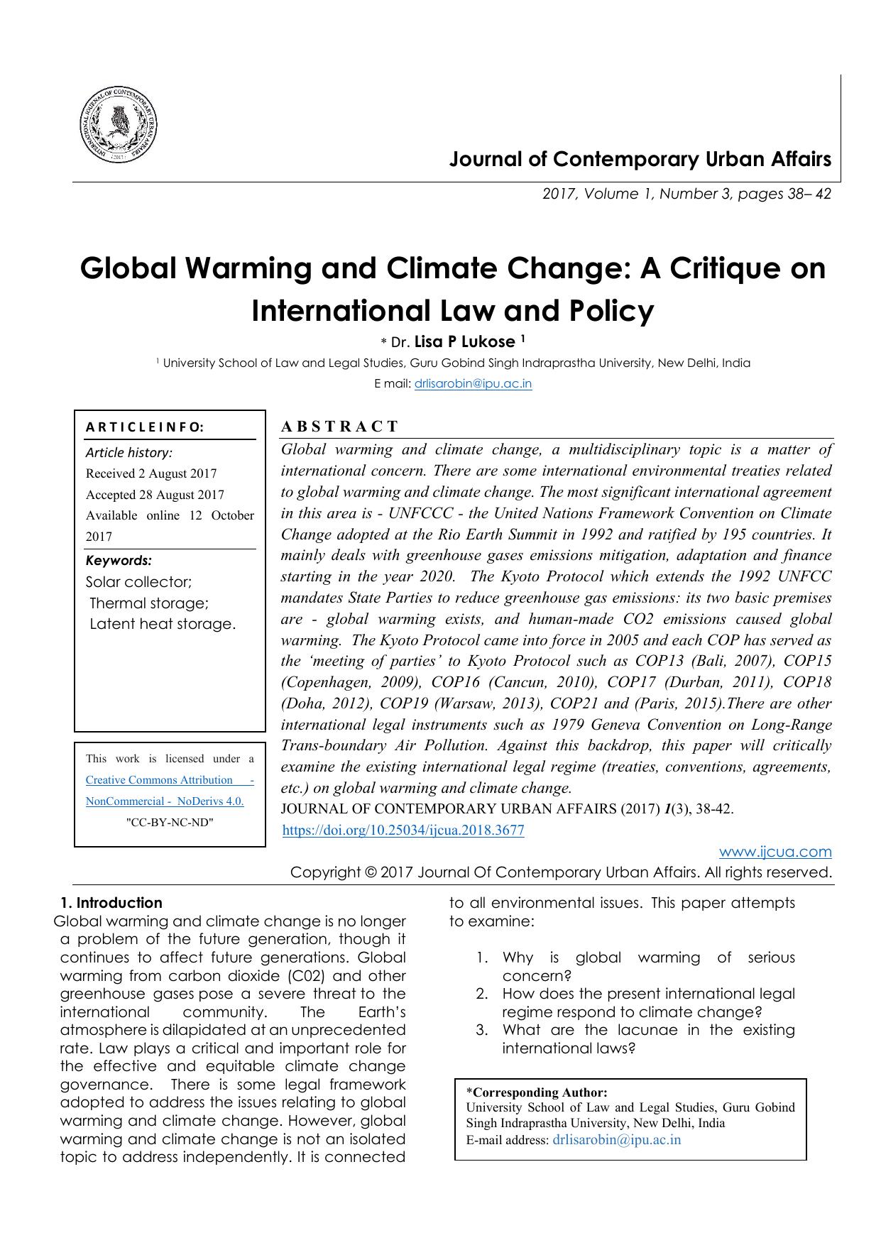Global Warming and Climate Change A Critique on International Law and Policy