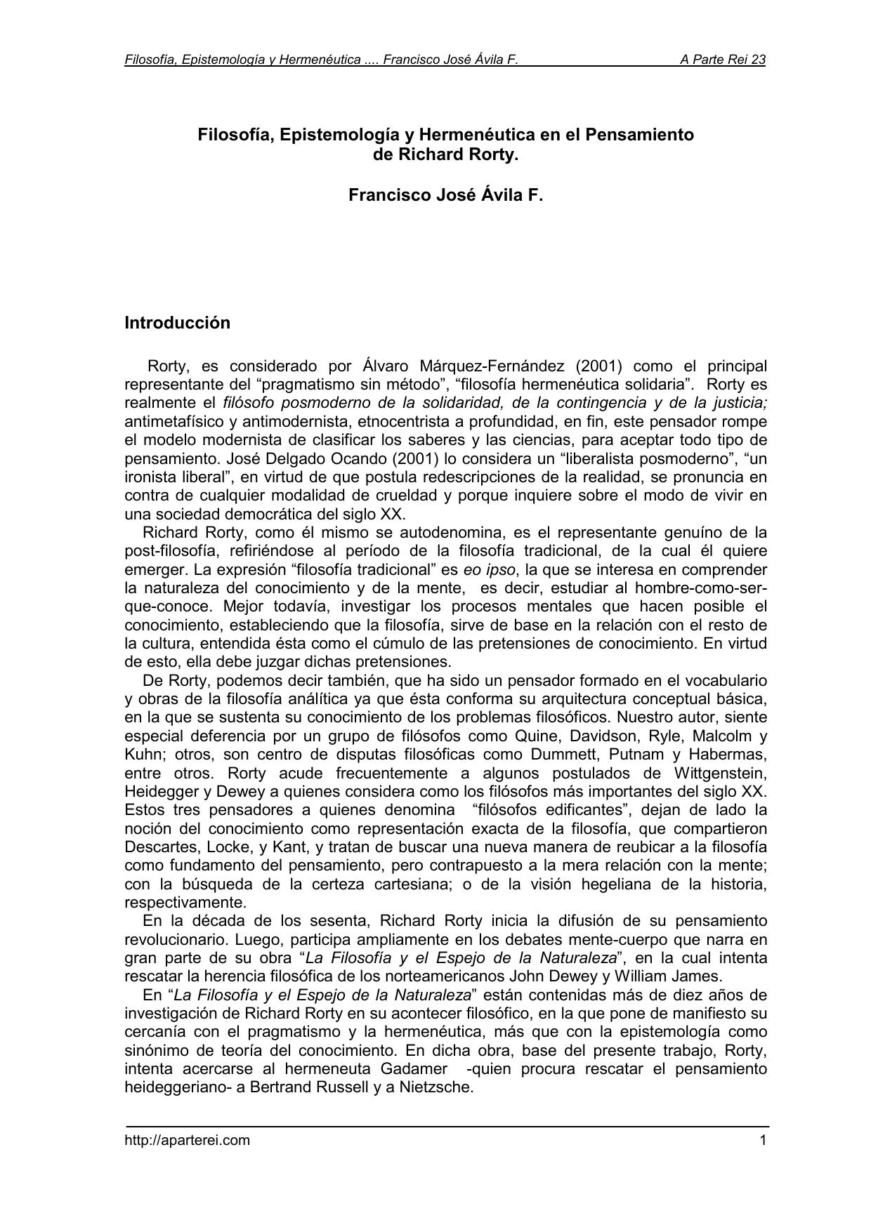 Filosofía, Epistemología y Hermenéutica en el Pensamiento de Richard Rorty - Artículo