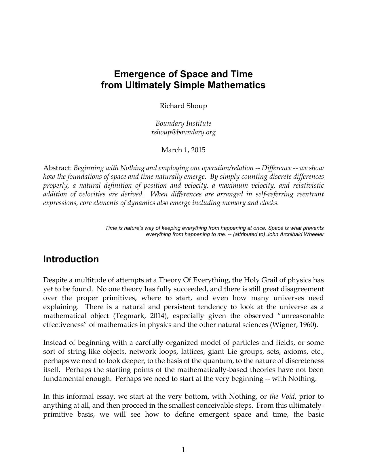 Emergence of Space and Time from Ultimately Simple Mathematics - Paper