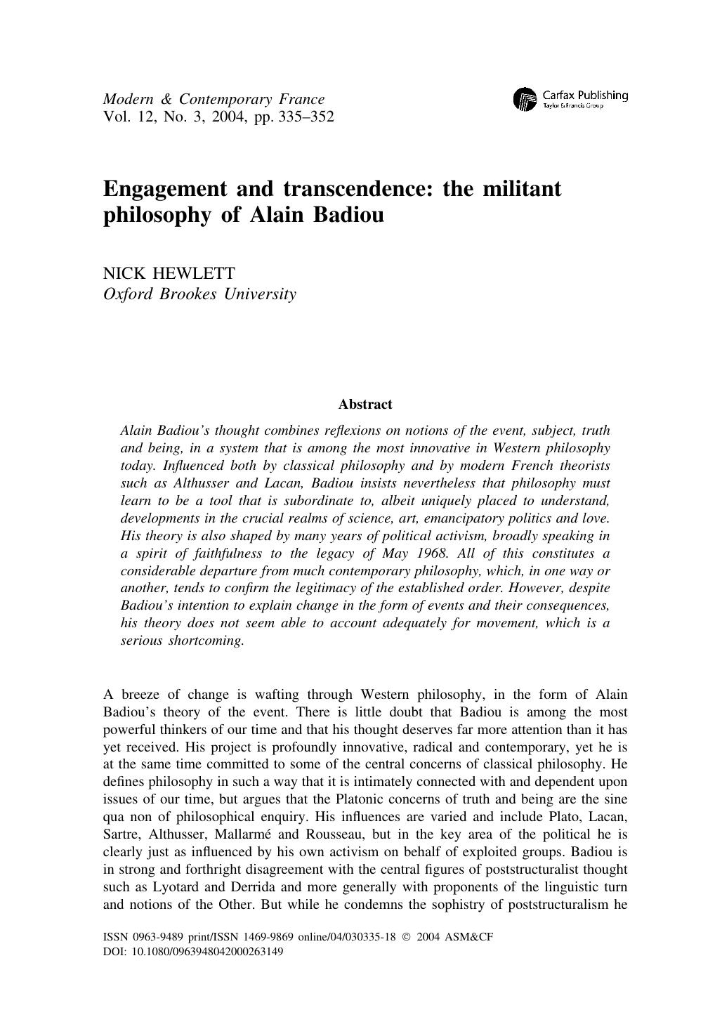 Engagement and transcendence: the militant philosophy of Alain Badiou - Paper