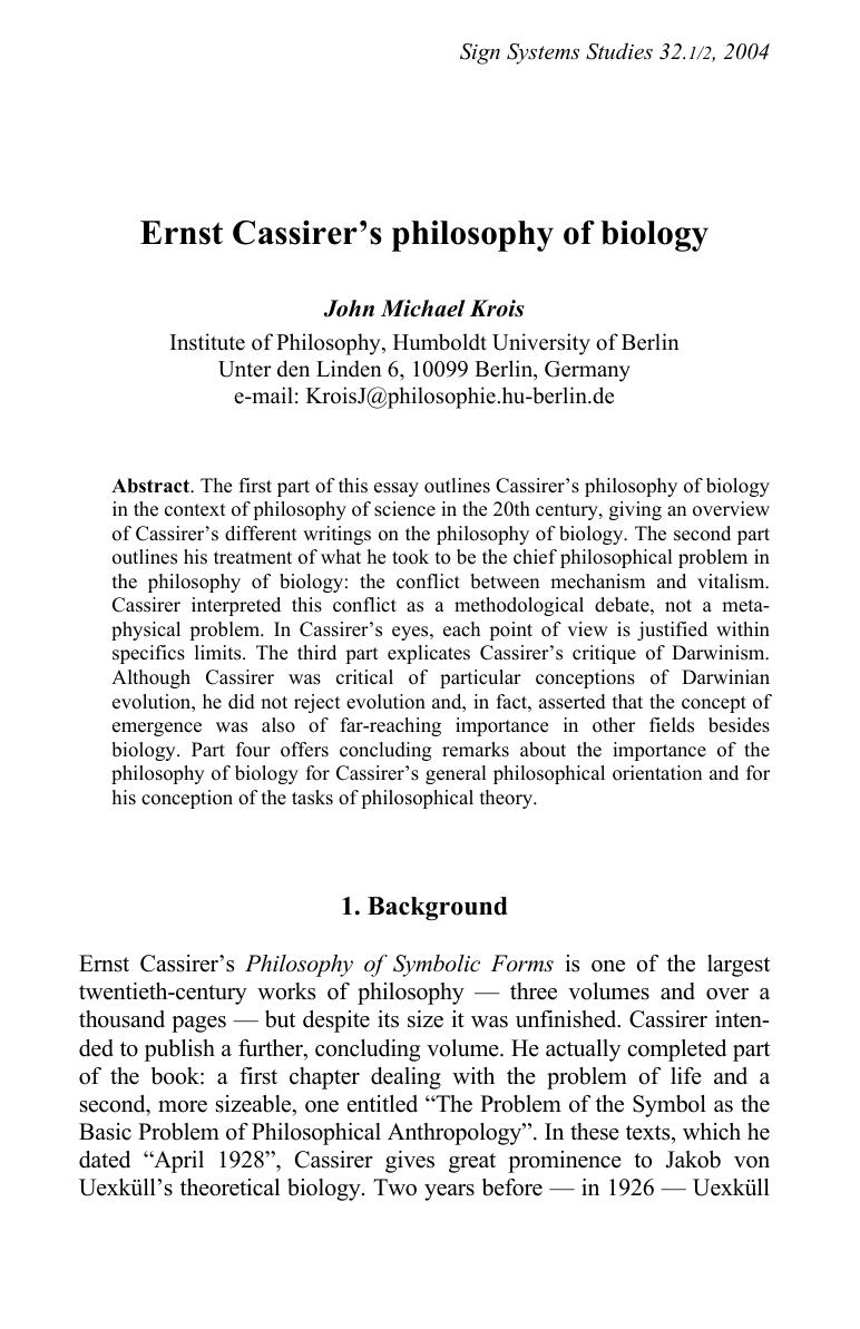 Ernst Cassirer’s philosophy of biology - Paper