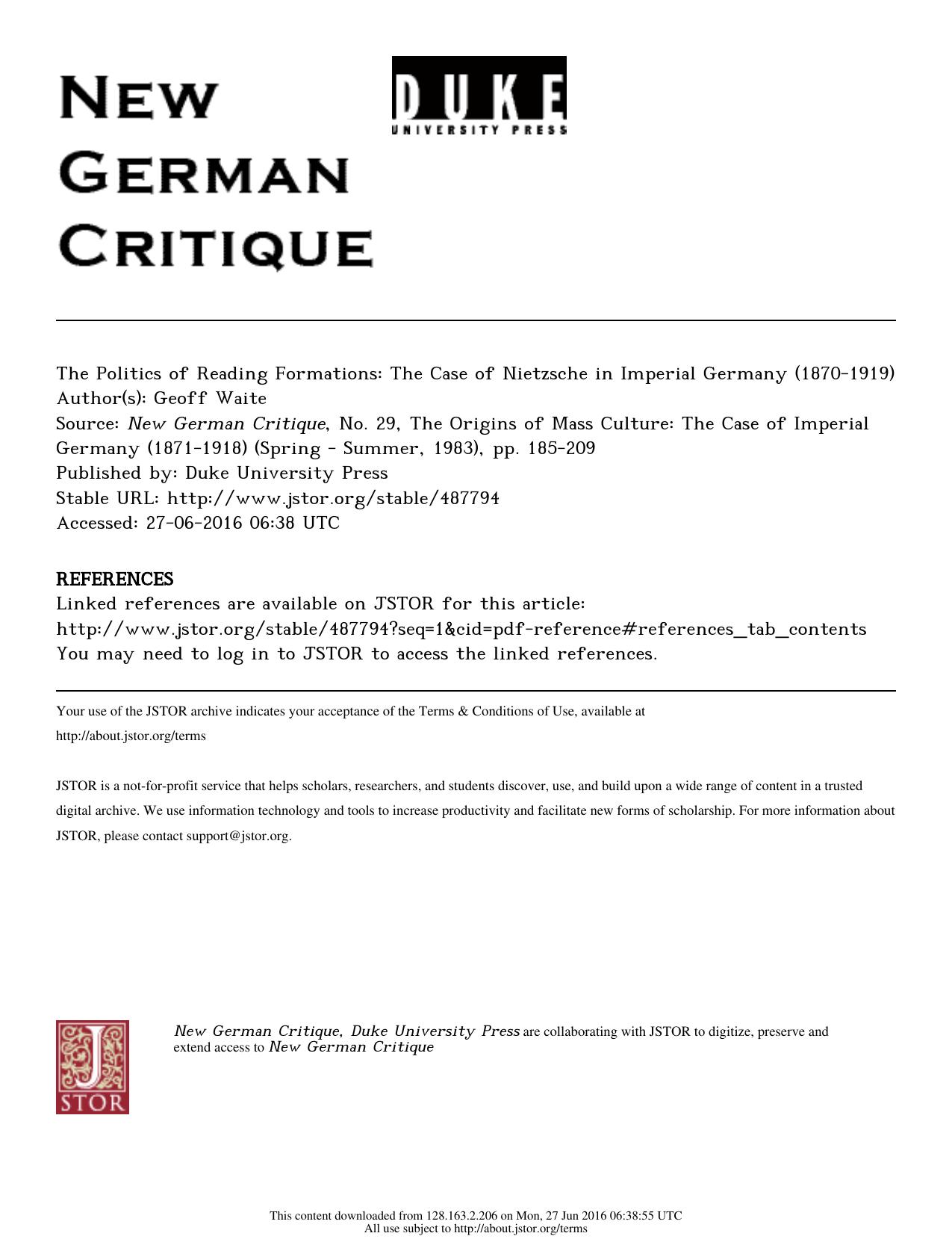 The Politics of Reading Formations: The Case of Nietzsche in Imperial Germany (1870-1919)