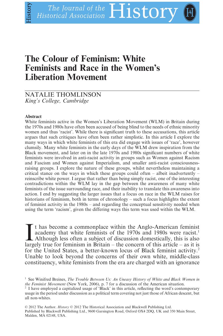 The Colour of Feminism: White Feminists and Race in the Women's Liberation Movement