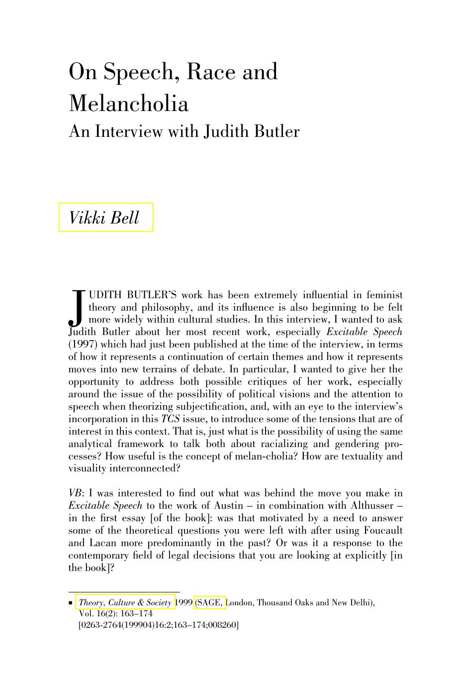 On Speech, Race and Melancholia: An Interview with Judith Butler