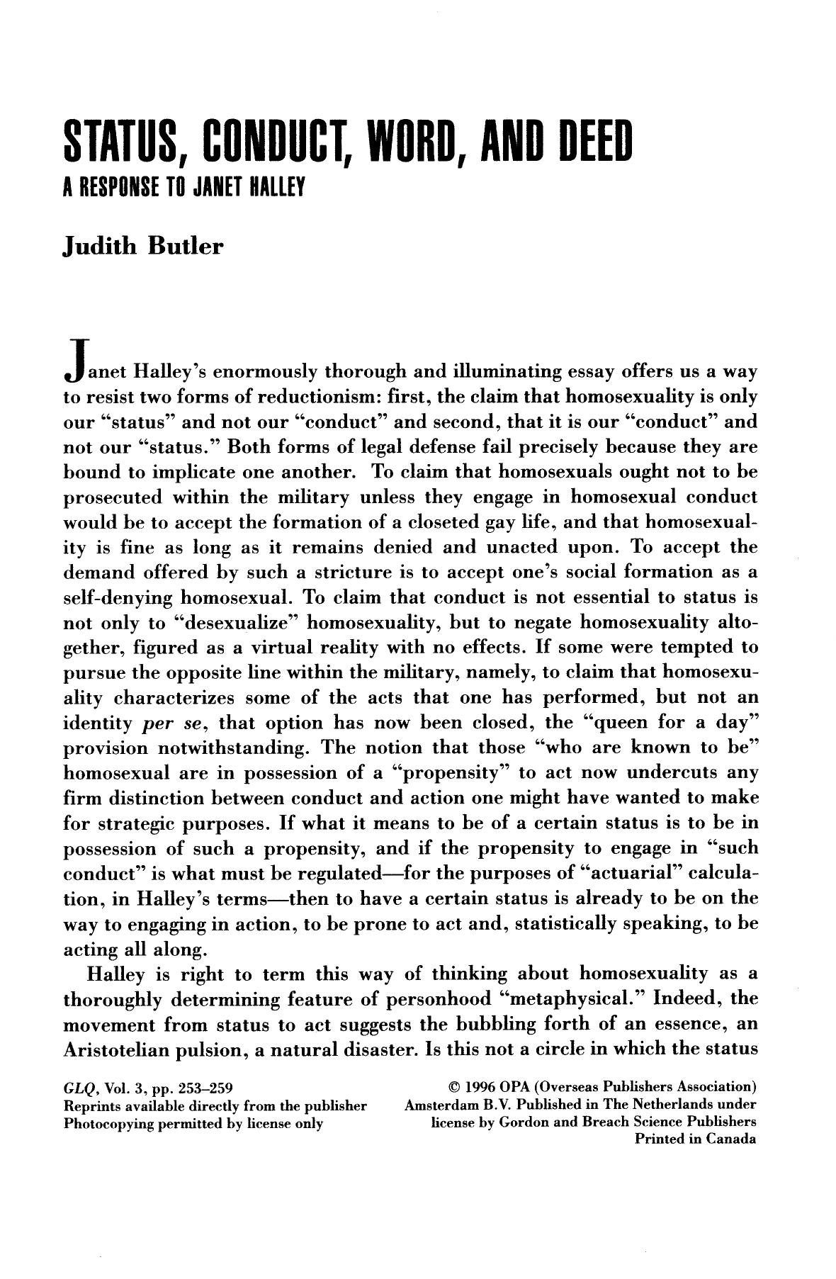 Status, Conduct, Word, and Deed - A Response to Janet Halley [Essay]