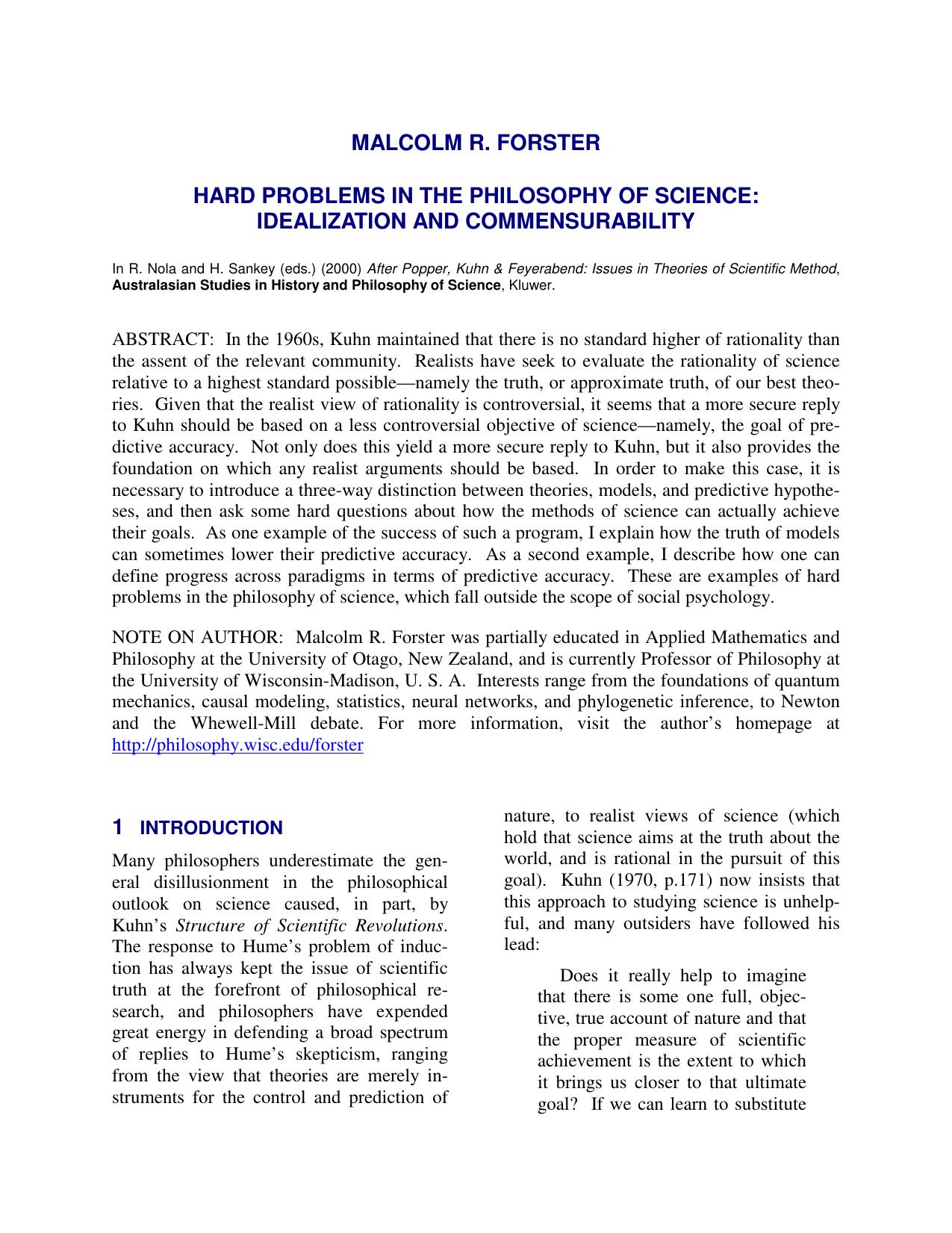 Hard Problems in the Philosophy of Science - Idealization and Commensurability - Paper