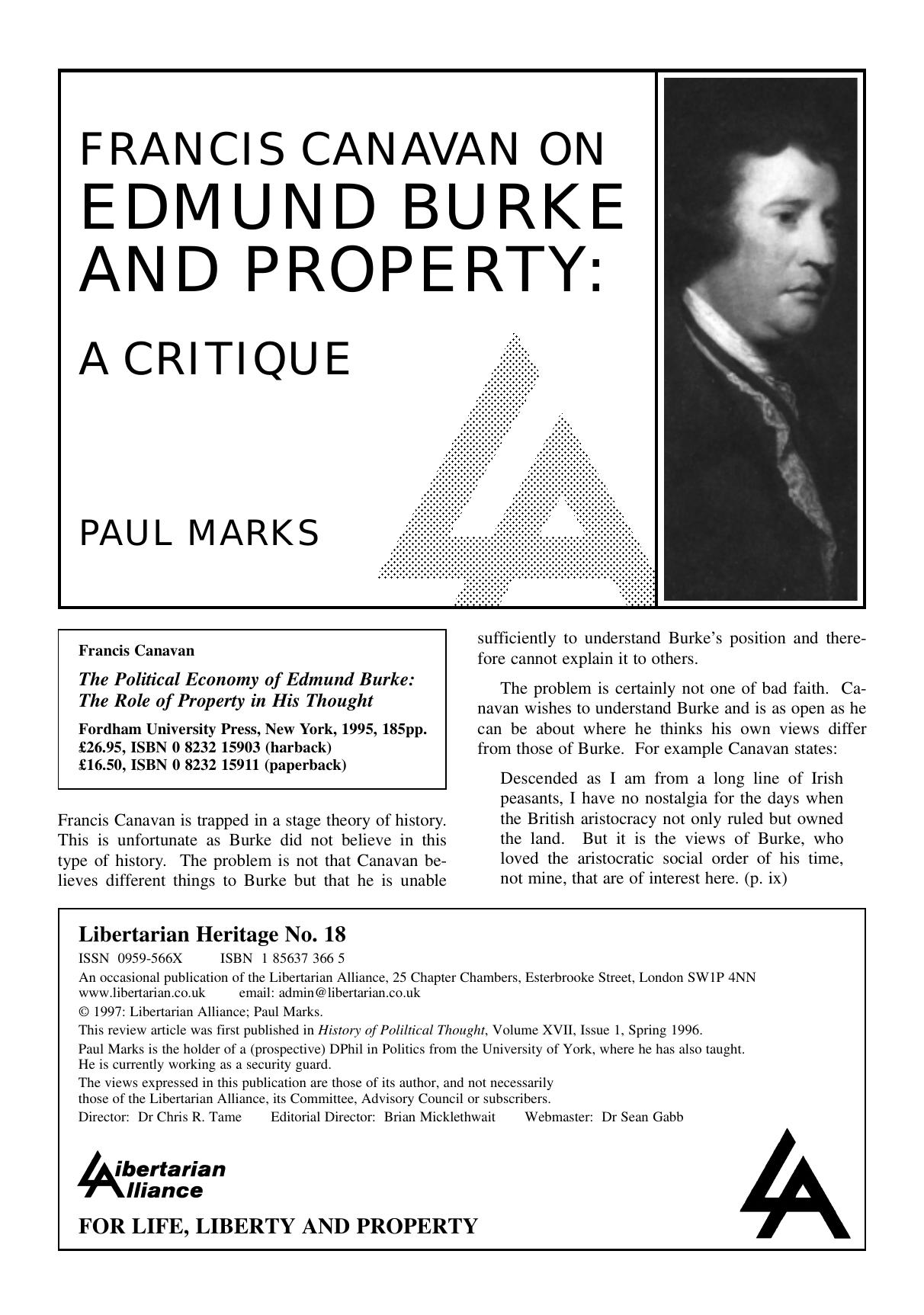 Francis Canavan On Edmund Burke And Property [A Critique] Essay