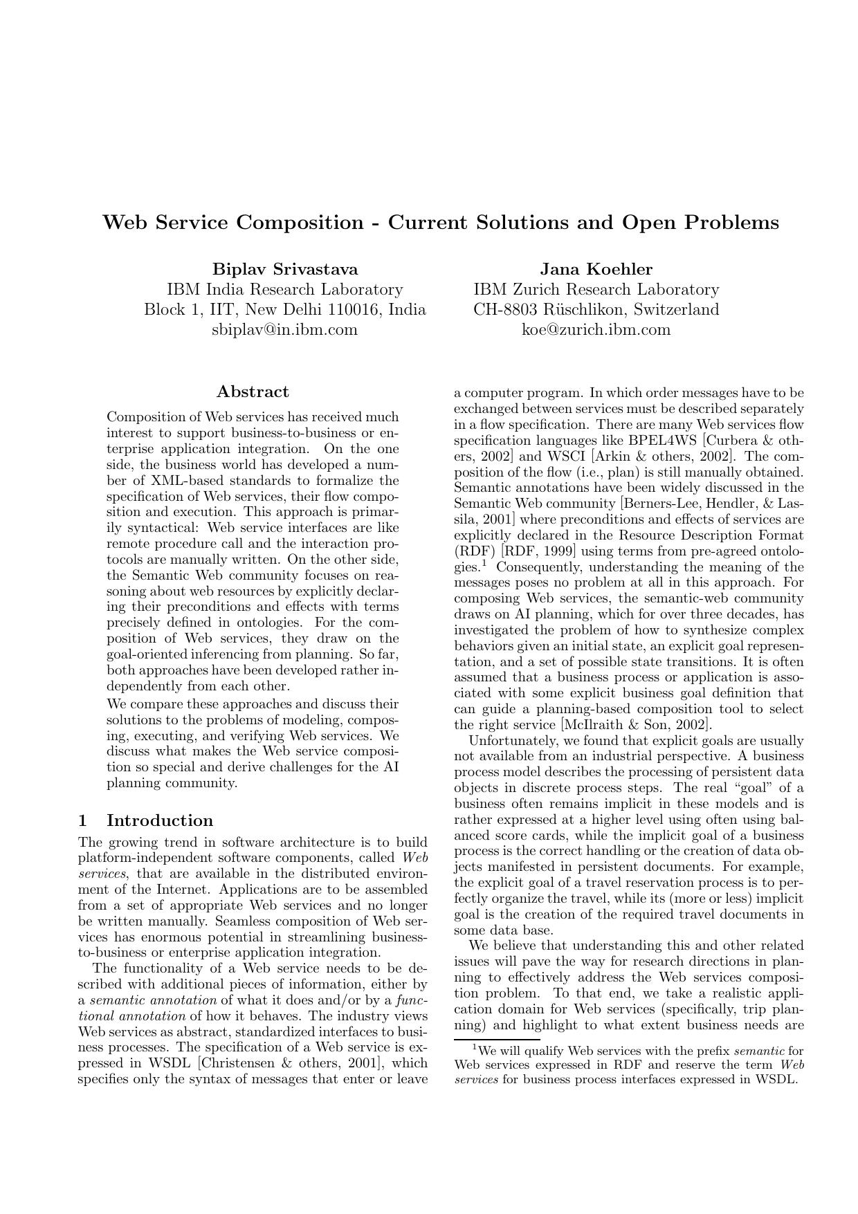 Web Service Composition - Current Solutions and Open Problems - Paper