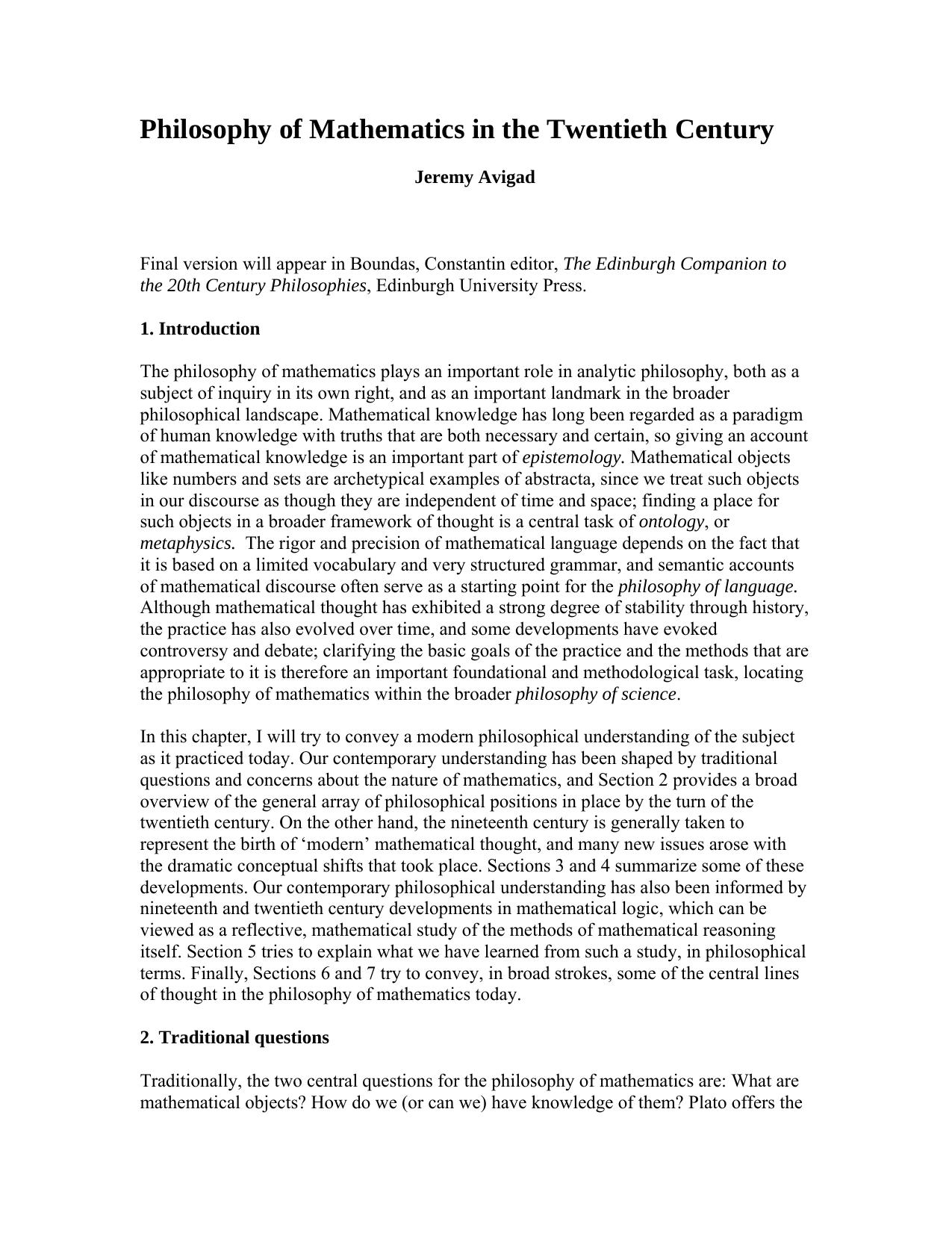 Philosophy of Mathematics in the Twentieth Century - Paper