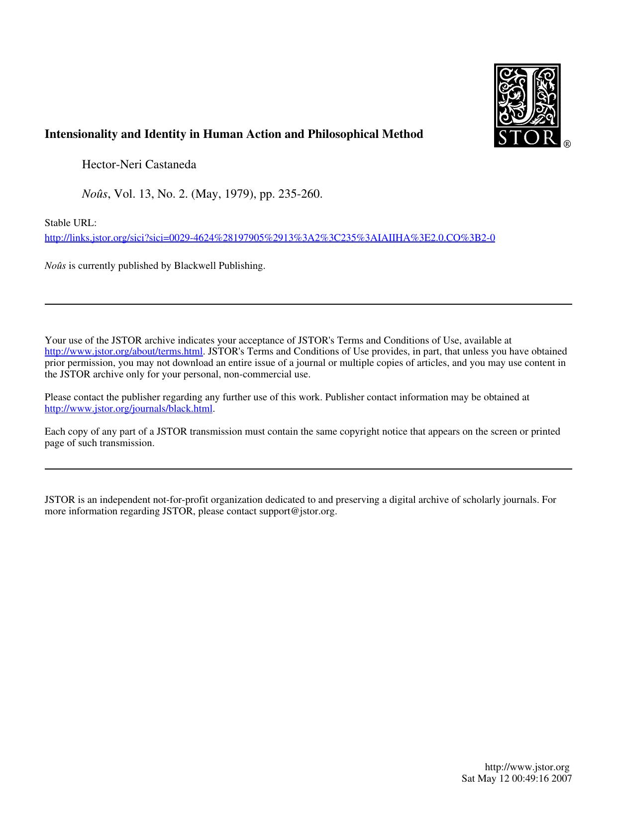 Intensionality and Identity in Human Action and Philosophical Method - Paper
