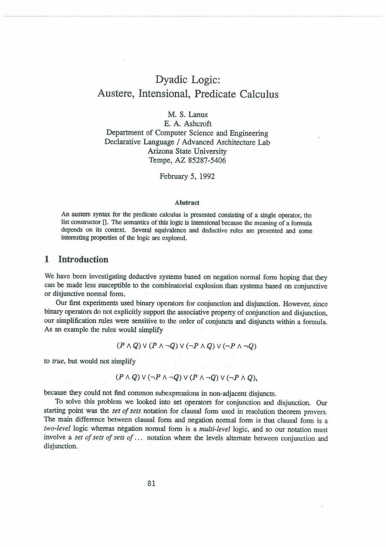 Dyadic Logic: Austere, Intensional, Predicate Calculus (1992) - Paper