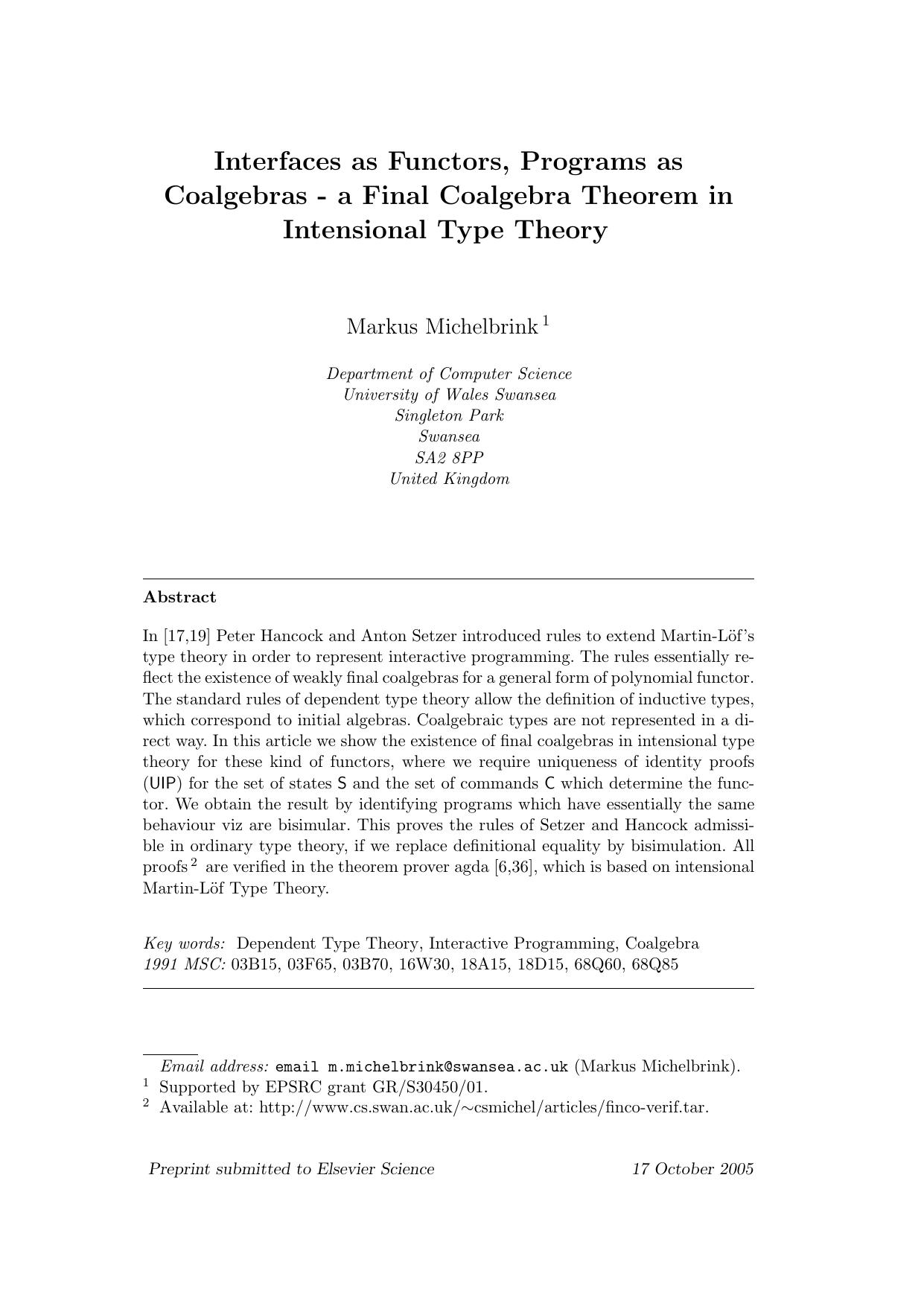 Interfaces as Functors, Programs as Coalgebras - a Final Coalgebra Theorem in Intensional Type Theory - Paper