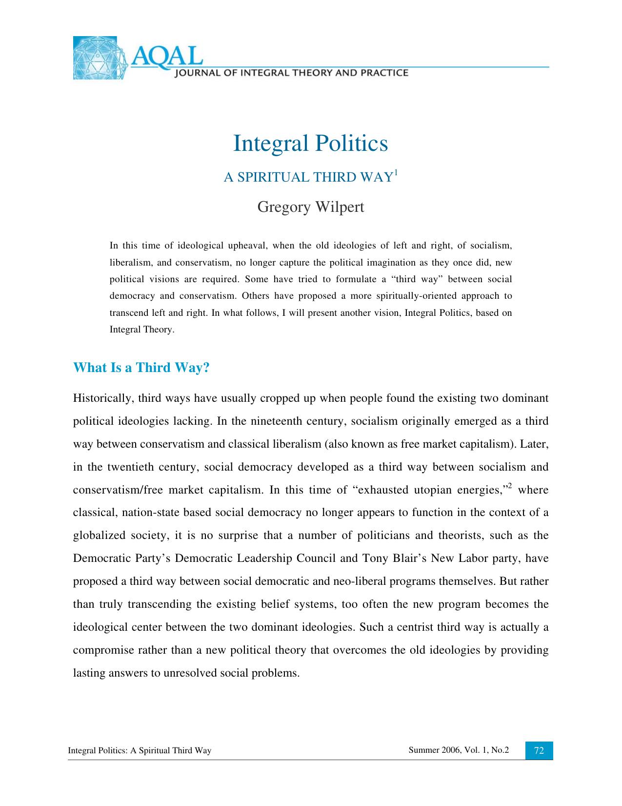 Integral Politics - A Spiritual Third Way - AQAL Vol1 No2