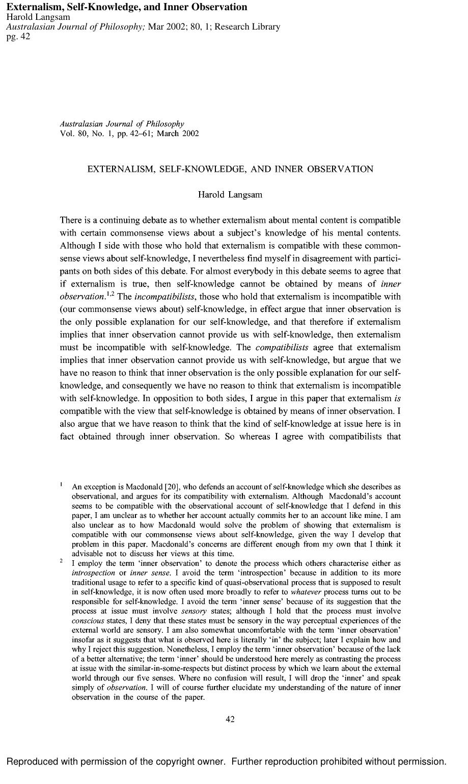 Externalism, Self-Knowledge & Inner Observation - Paper