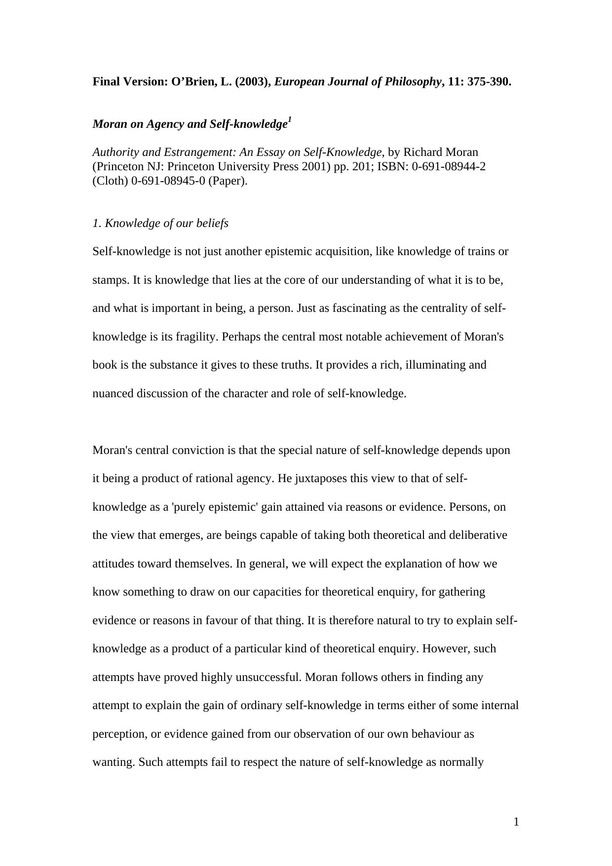Richard Moran Authority and Estrangement (Princeton NJ: Princeton University Press 2001) pp