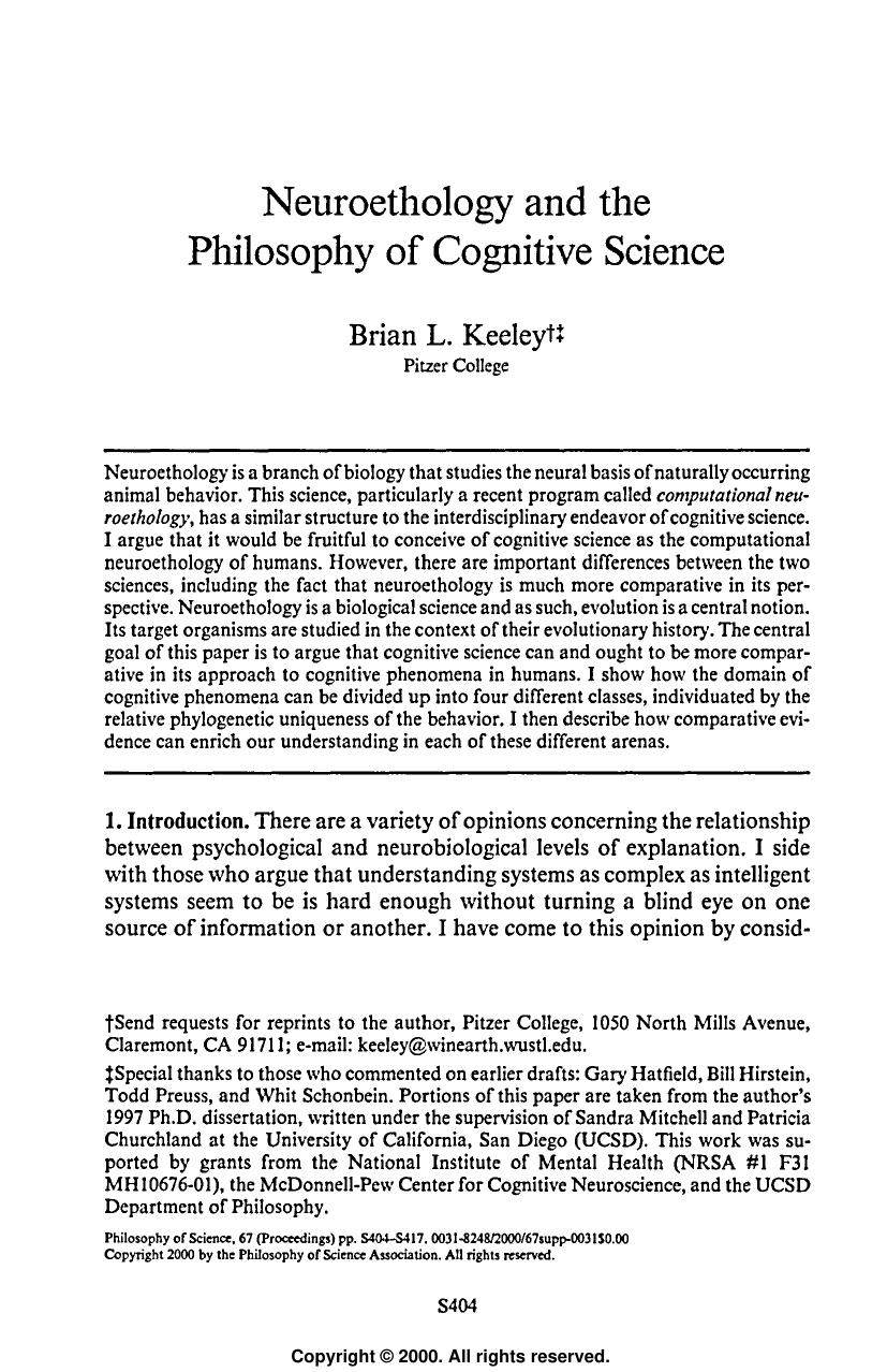 Neuroethology and the Philosophy of Cognitive Science - Paper