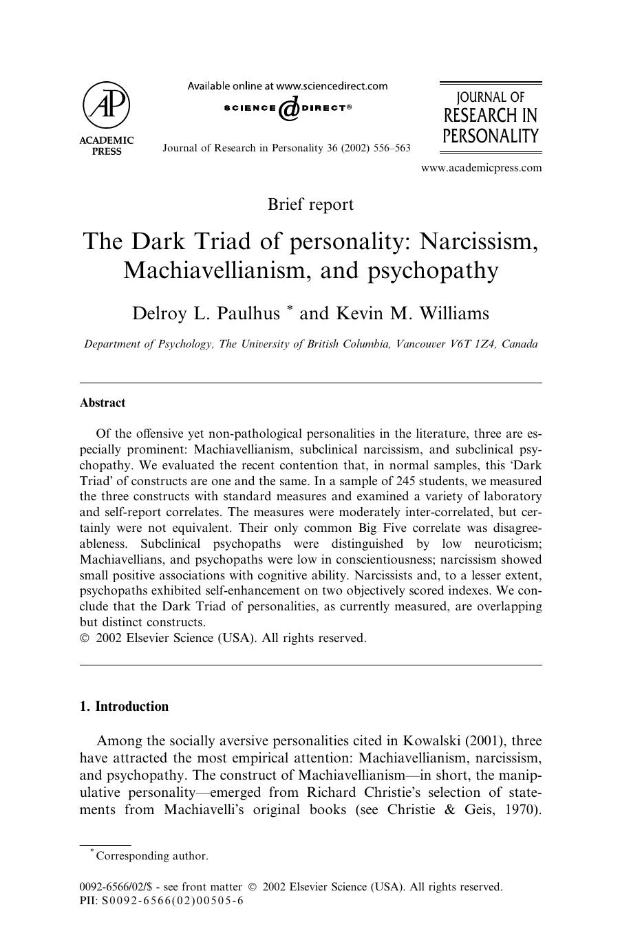 The Dark Triad of personality: Narcissism, Machavellianism, and psychopathy - Paper