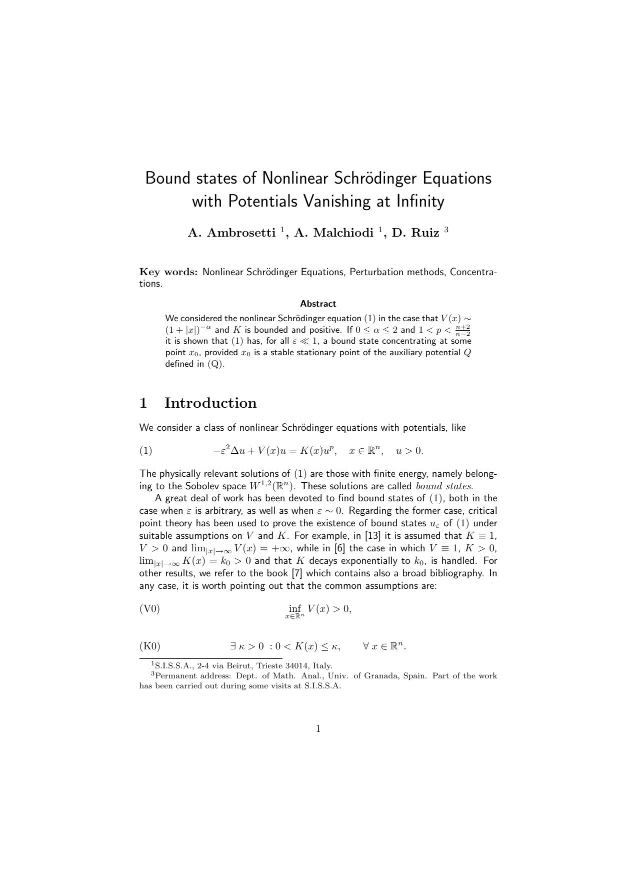 Bound states of nonlinear Schrodinger equations with potentials vanishing at infinity - Paper