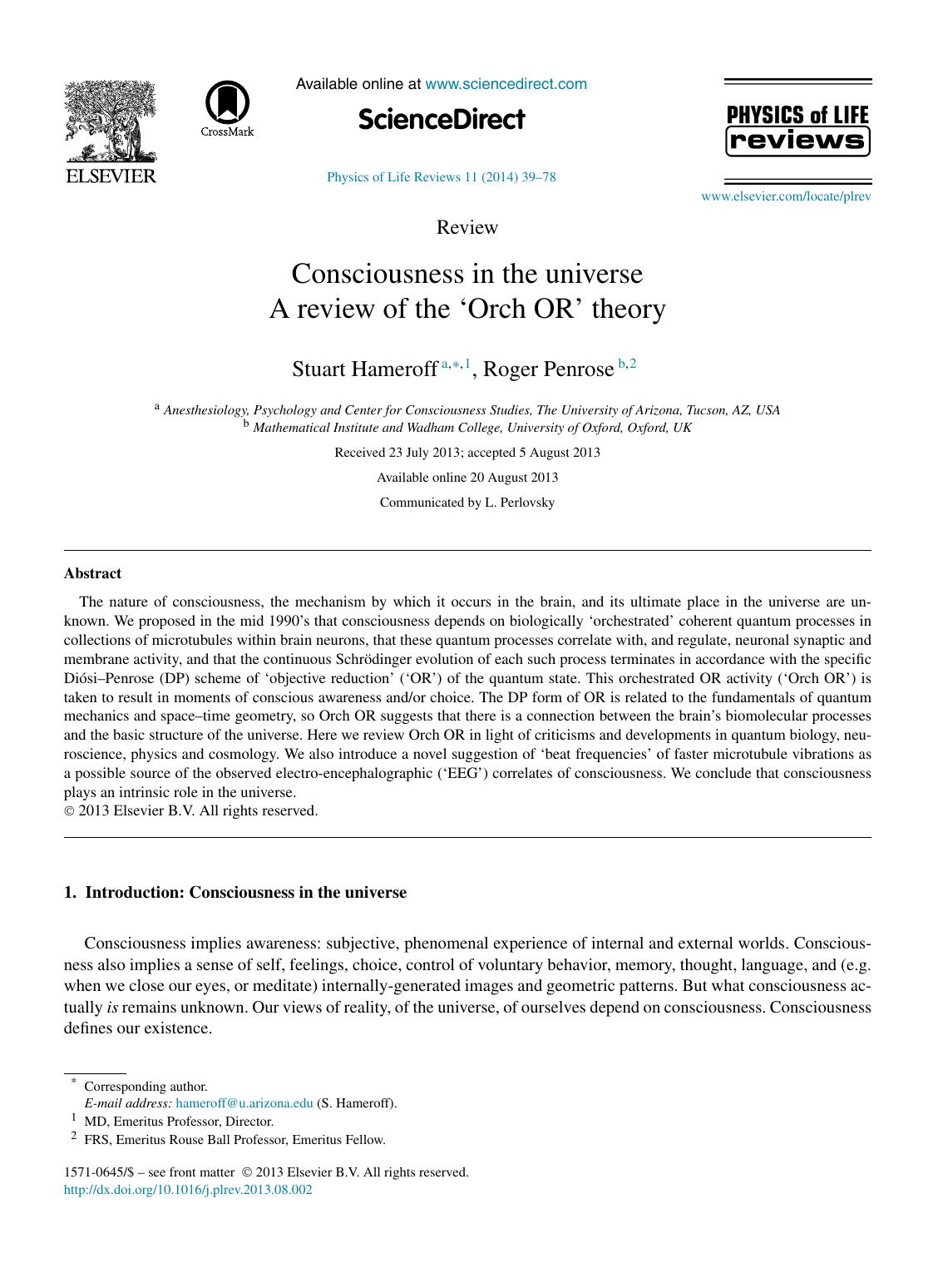 Consciousness in the universe.A review of the ‘Orch OR’ theory - Paper