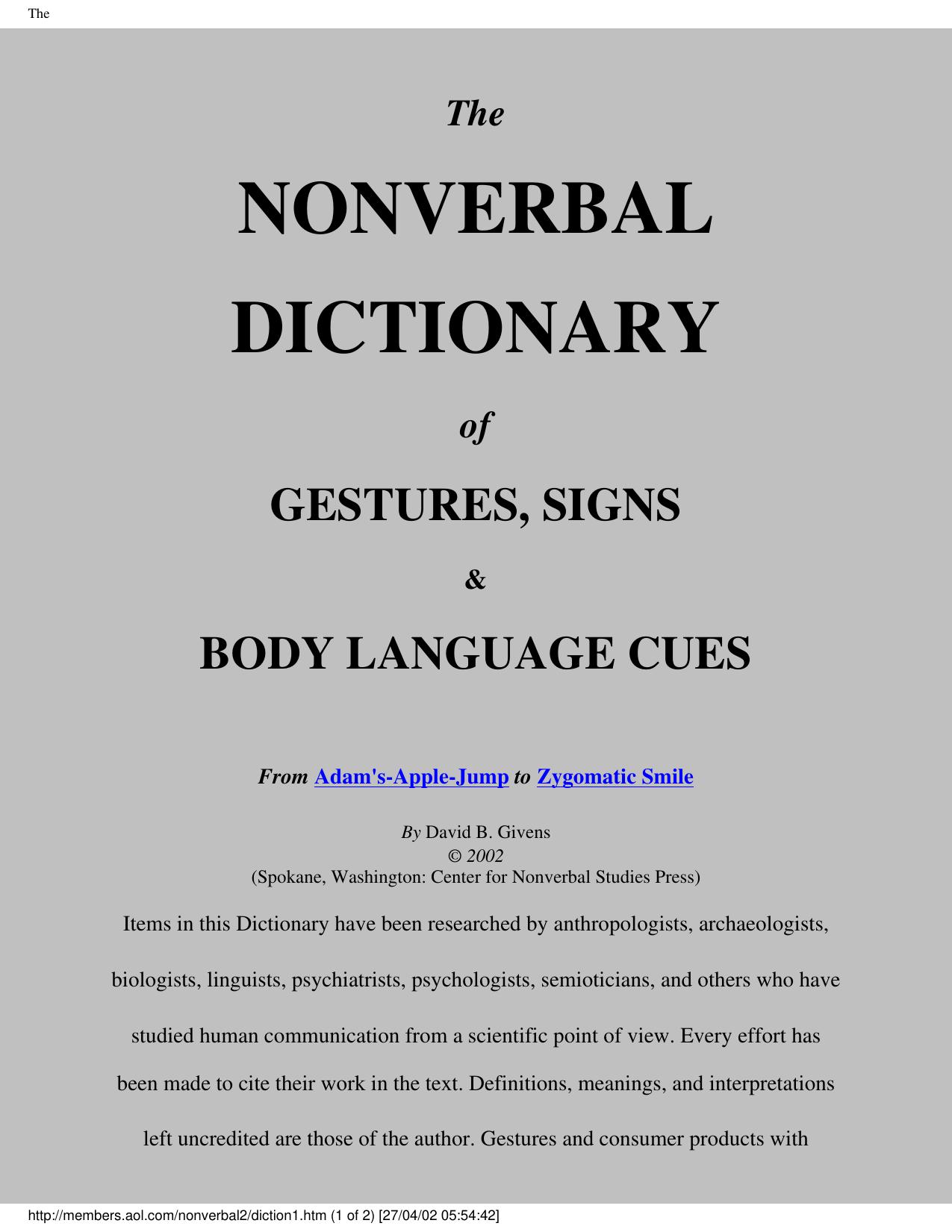 The Nonverbal Dictionary of Gestures, Signs & Body Language Cues: From Adam's-Apple-Jump to Zygomatic Smile