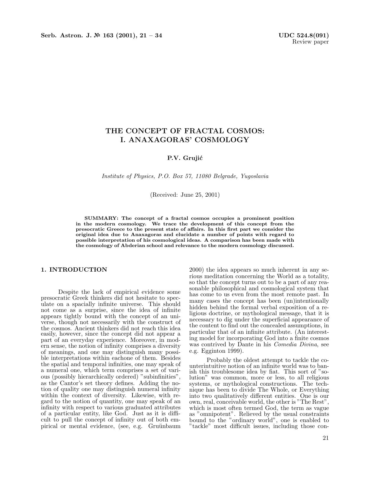 Concept Of Fractal Cosmos [Anaxagoras' Cosmology] - Paper