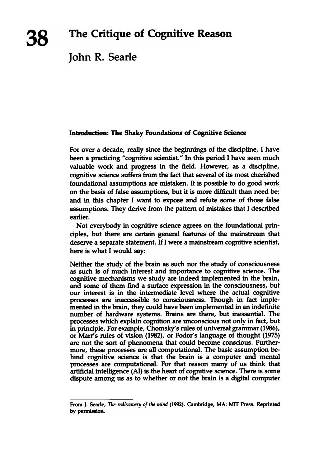 The Critique of Cognitive Reason (Chapter 38)