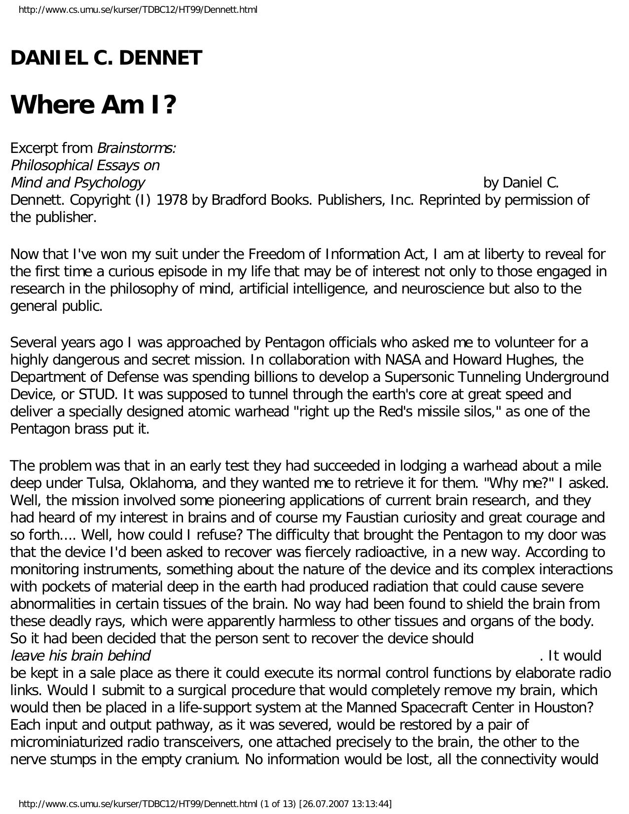 Where Am I? - Excerpt from Brainstorms: Philosophical Essays on Mind and Psychology