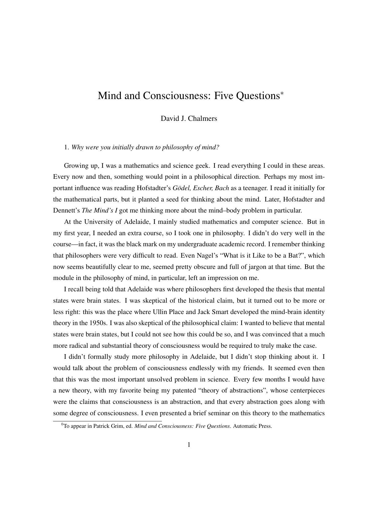 Mind & Consciousness: Five Questions (Essay)