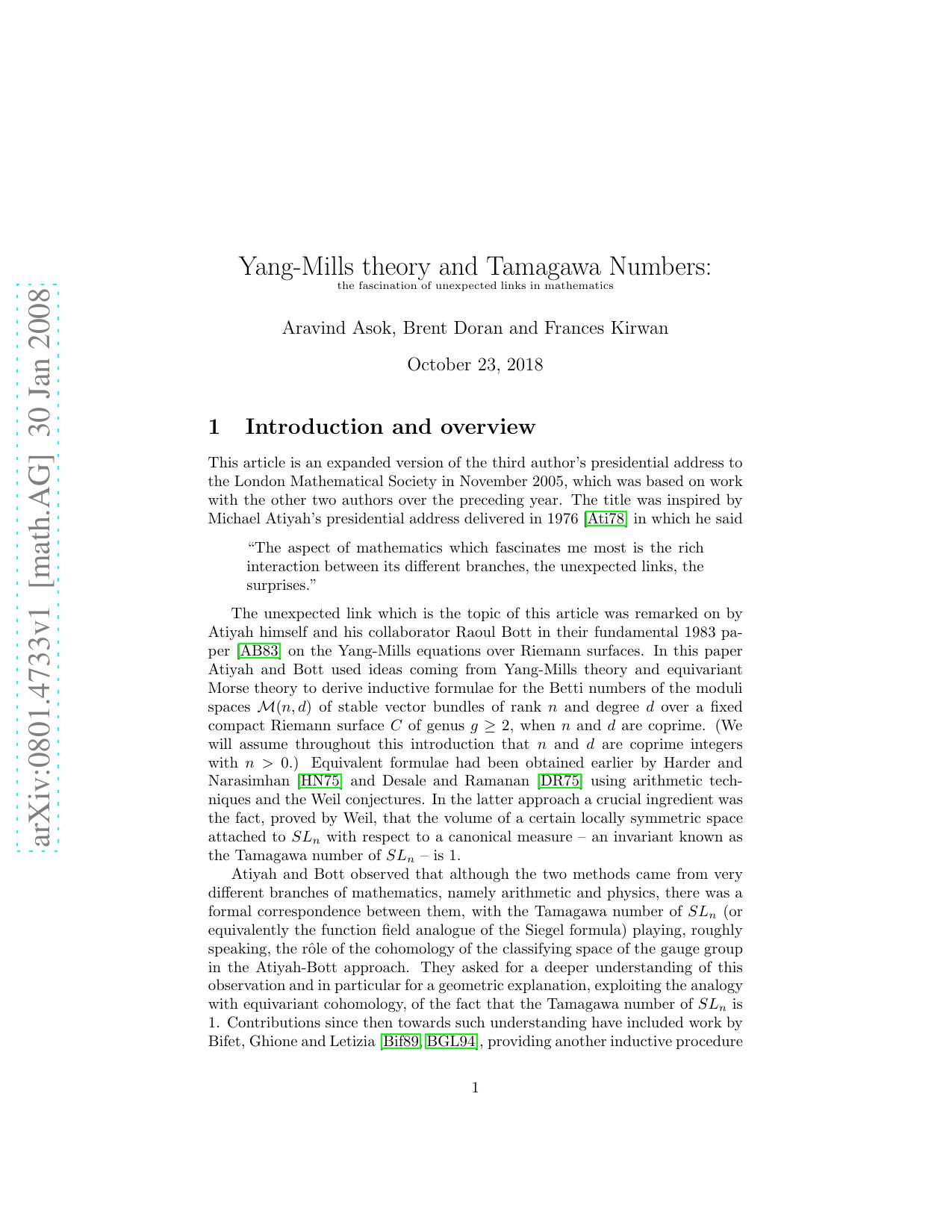Yang-Mills theory and Tamagawa Numbers: the fascination of unexpected links in mathematics - Article