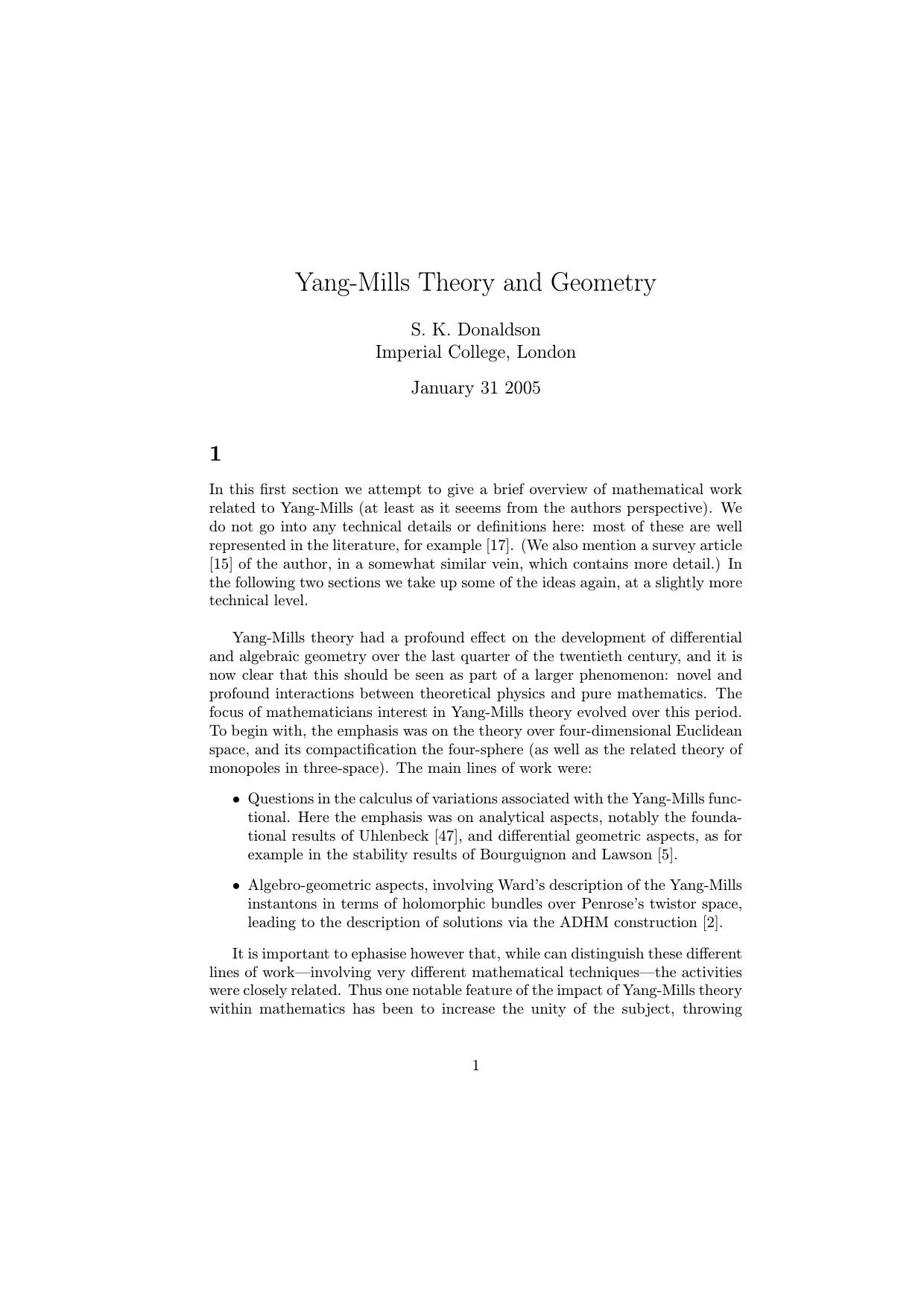 Yang-Mills Theory and Geometry - Article