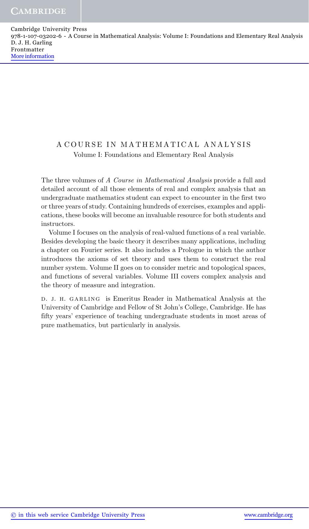 A Course in Mathematical Analysis - Volume I: Foundations and Elementary Real Analysis (Frontmatter)