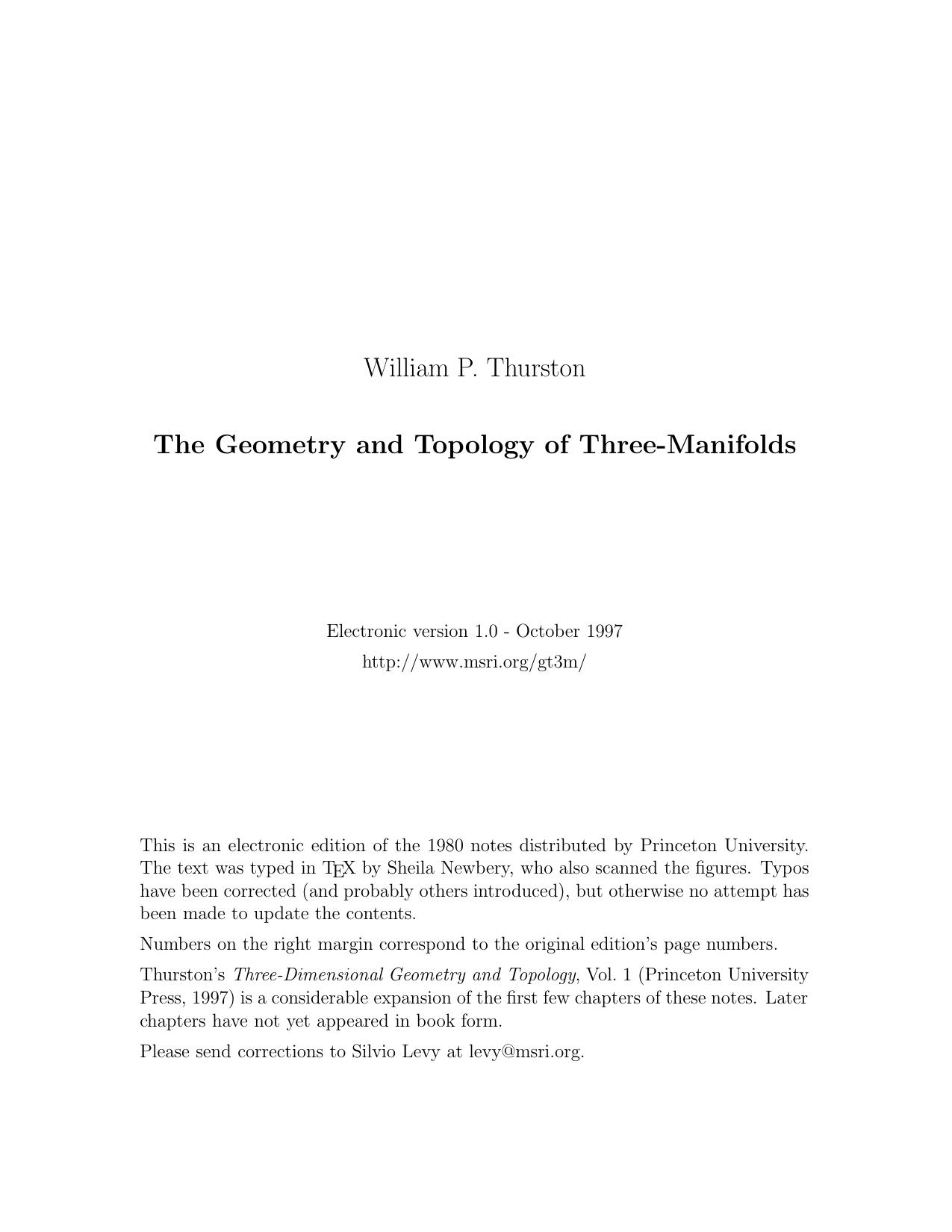 The Geometry & Topology of Three-Manifolds