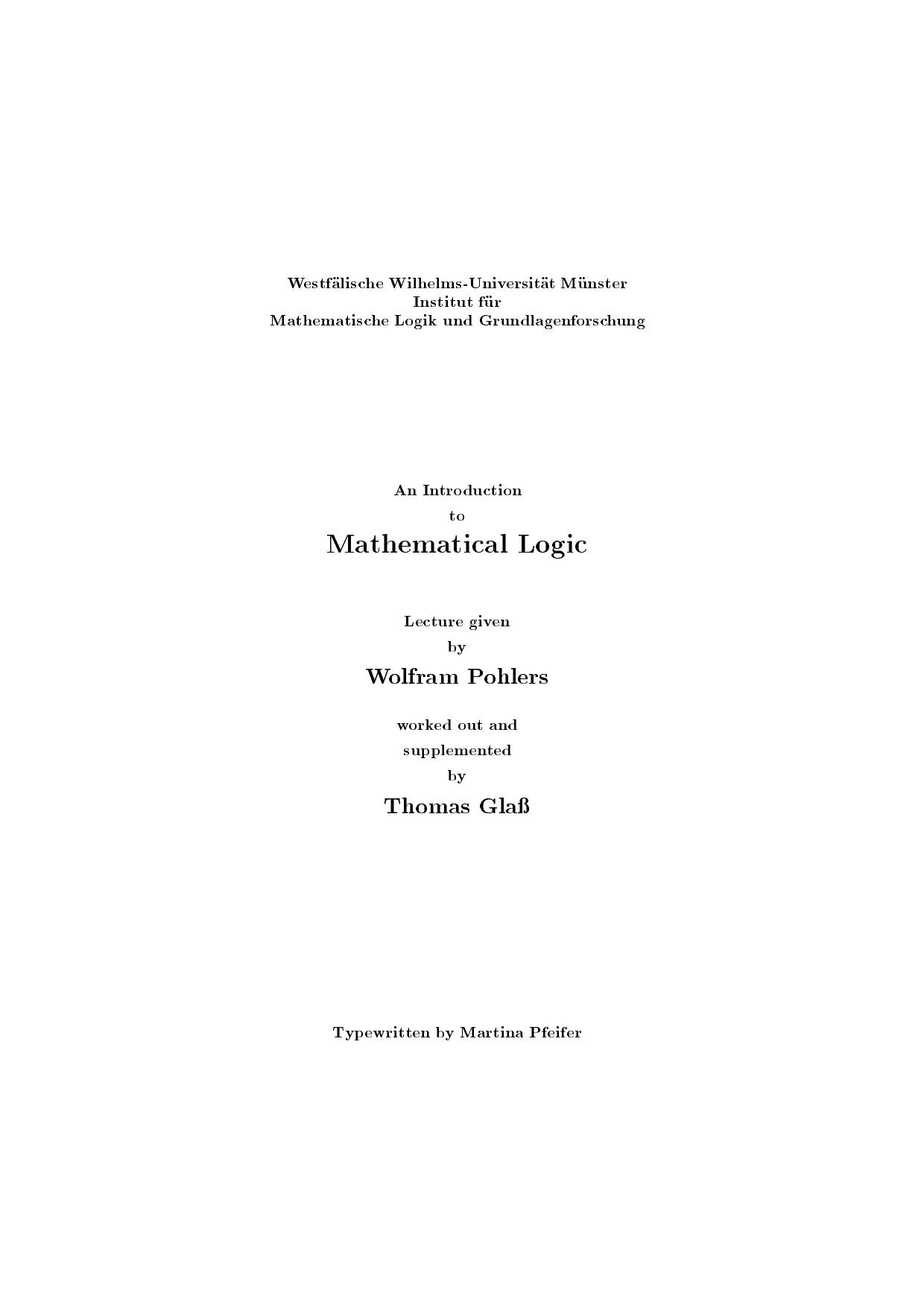 An Introduction  to  Mathematical Logic - Lecture