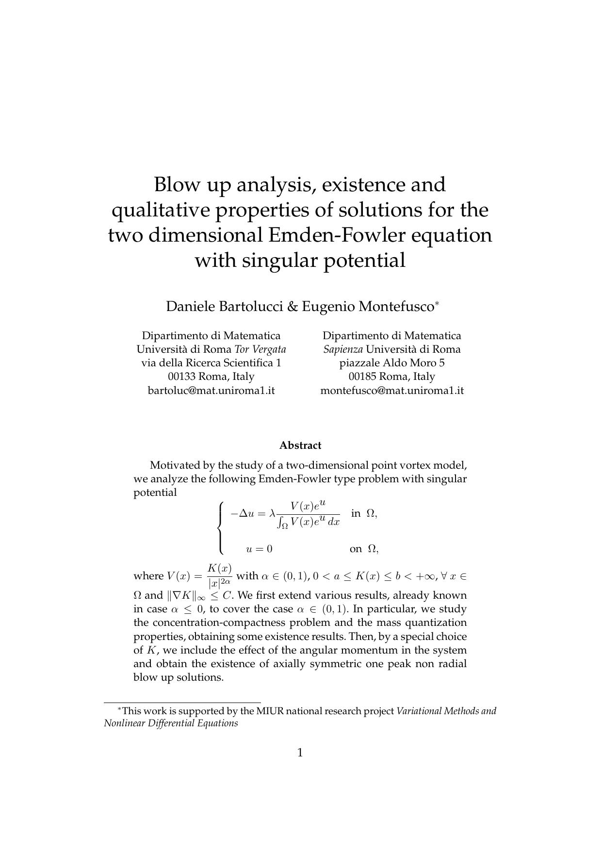 Blow up analysis, existence and qualitative properties of solutions for the two dimensional emden-fowler equation with singular potential - Paper