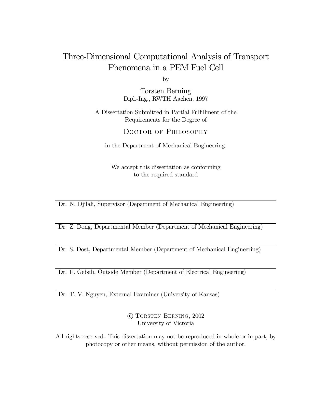 Three-Dimensional Computational Analysis of Transport  Phenomena in a PEM Fuel Cell - Thesis´