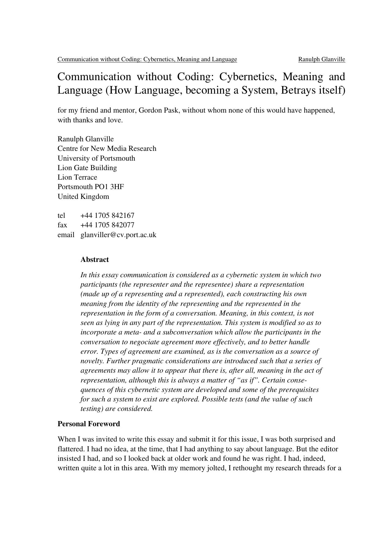 Communication without Coding: Cybernetics, Meaning and Language (How Language, becoming a System, Betrays itself) - Abstract