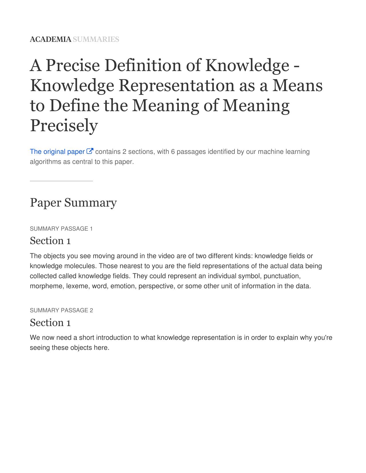 A Precise Definition of Knowledge - Knowledge Representation as a Means to Define the Meaning of Meaning Precisely - Academia Summary